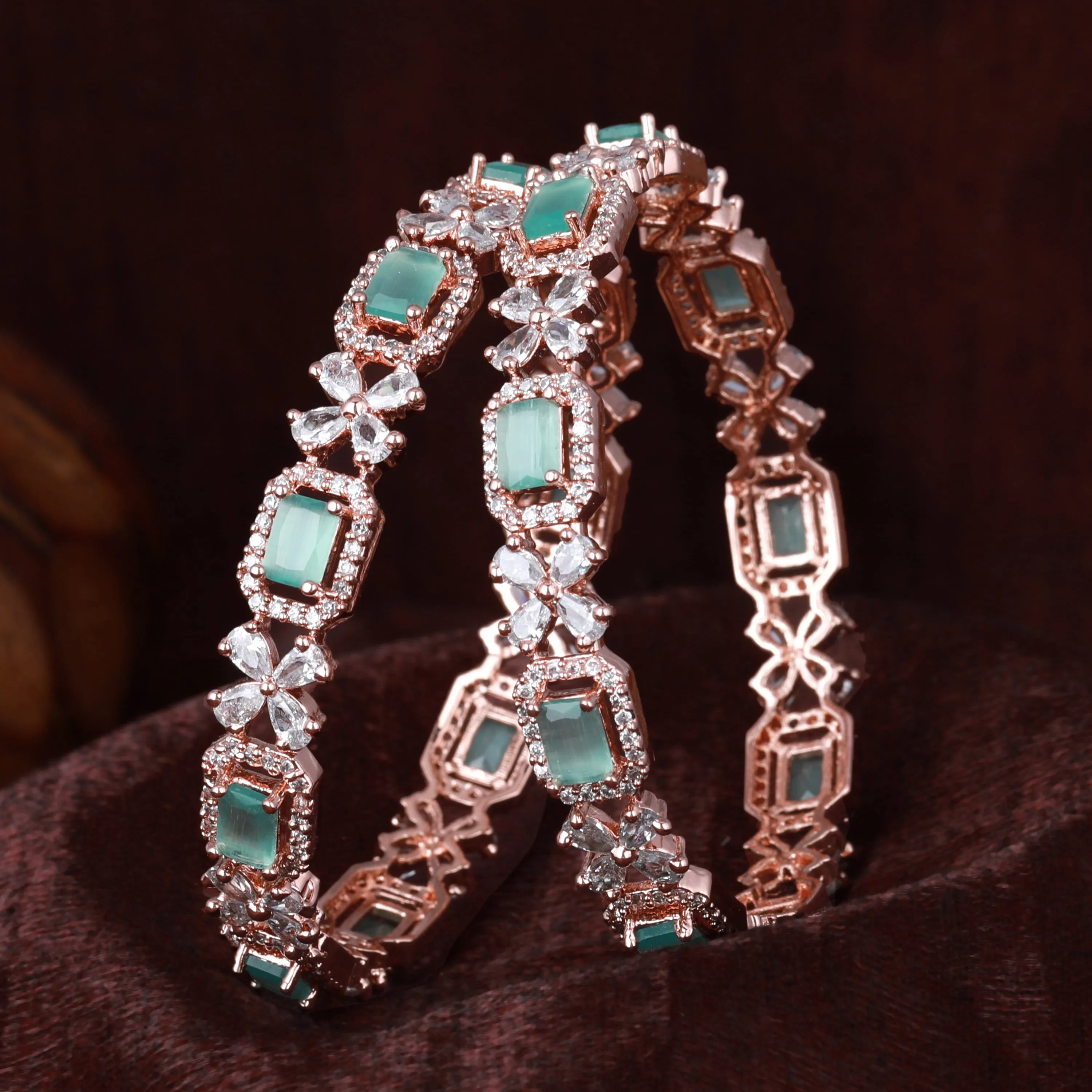 Estele Rosegold Plated Stunning Mint Green American Diamond Bangles|Available in 2:4, 2:6, & 2:8 Sizes|Perfect Blend of Glamour & Elegance for Women