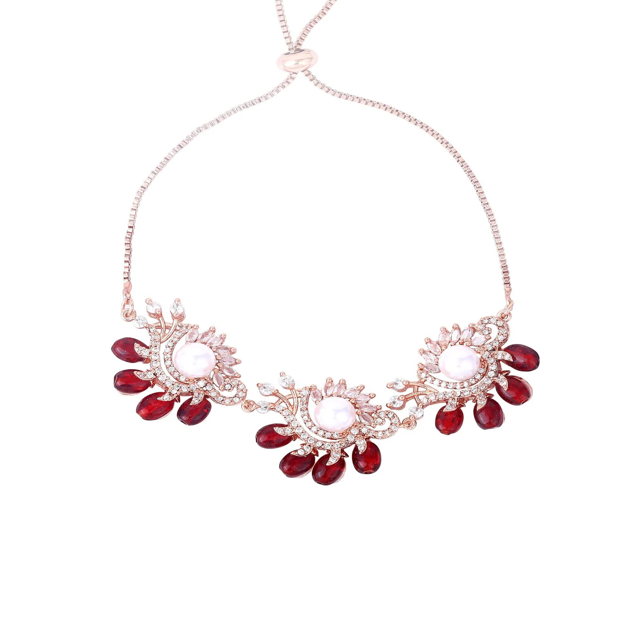 Estele Rosegold Plated Stylish Floral Designer Ruby Beaded Flexible Varya Bracelet|A Minimalist Accessory for Women