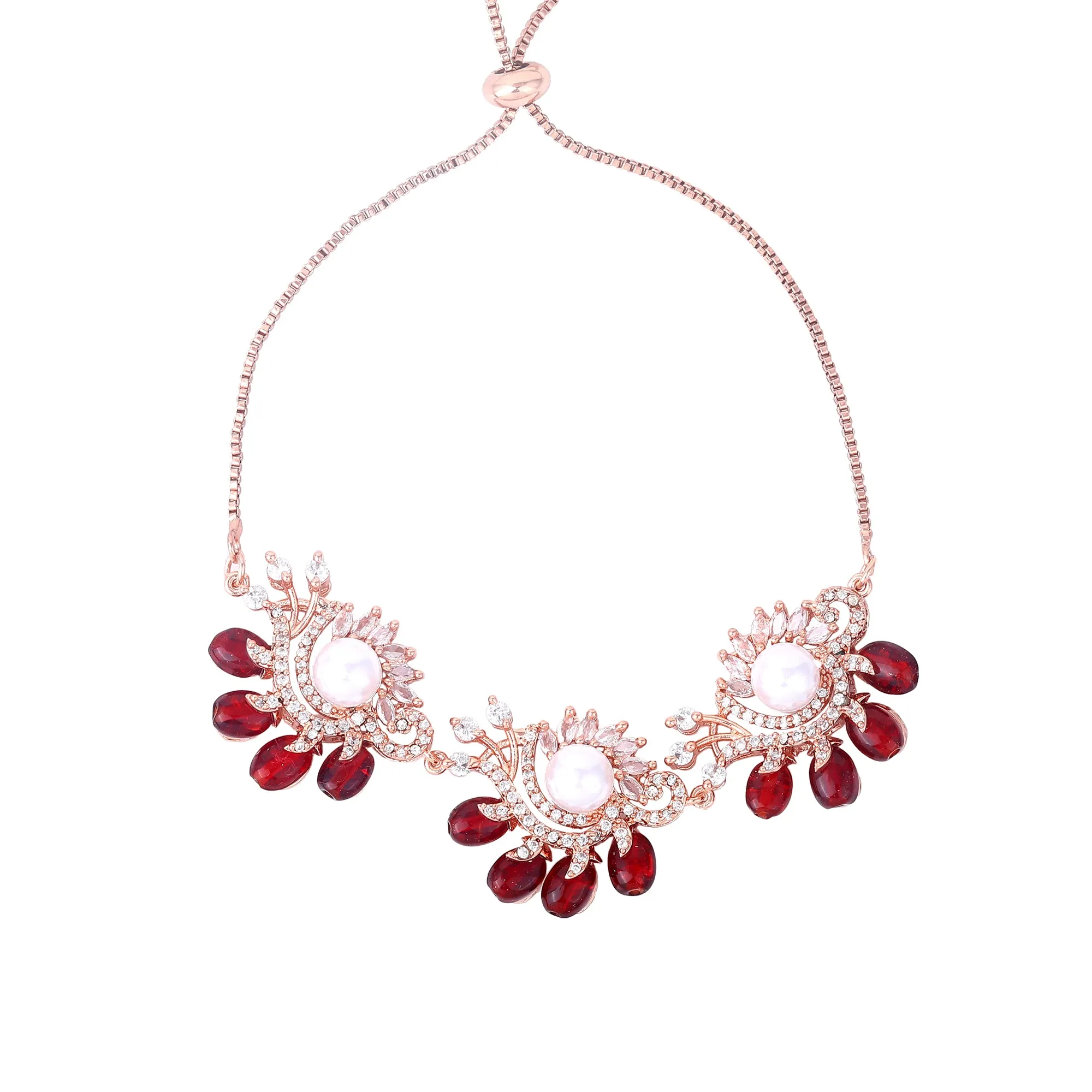 Estele Rosegold Plated Stylish Floral Designer Ruby Beaded Flexible Varya Bracelet|A Minimalist Accessory for Women