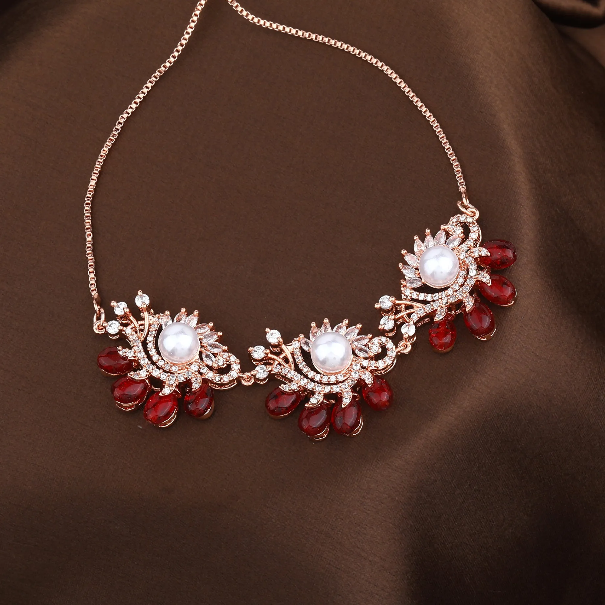 Estele Rosegold Plated Stylish Floral Designer Ruby Beaded Flexible Varya Bracelet|A Minimalist Accessory for Women