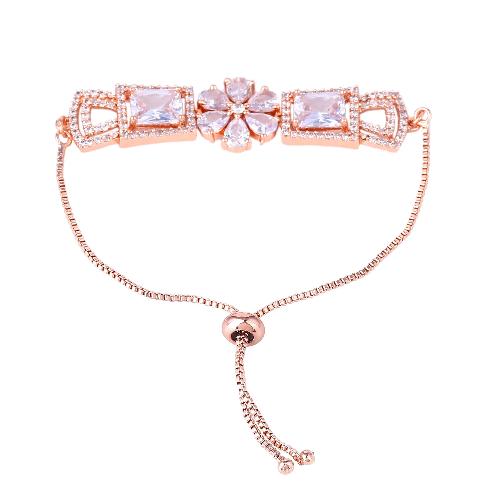 Estele Rosegold Plated Timeless Elegant Floral Designer Adjustable Charm Bracelet with White American Diamonds for Women
