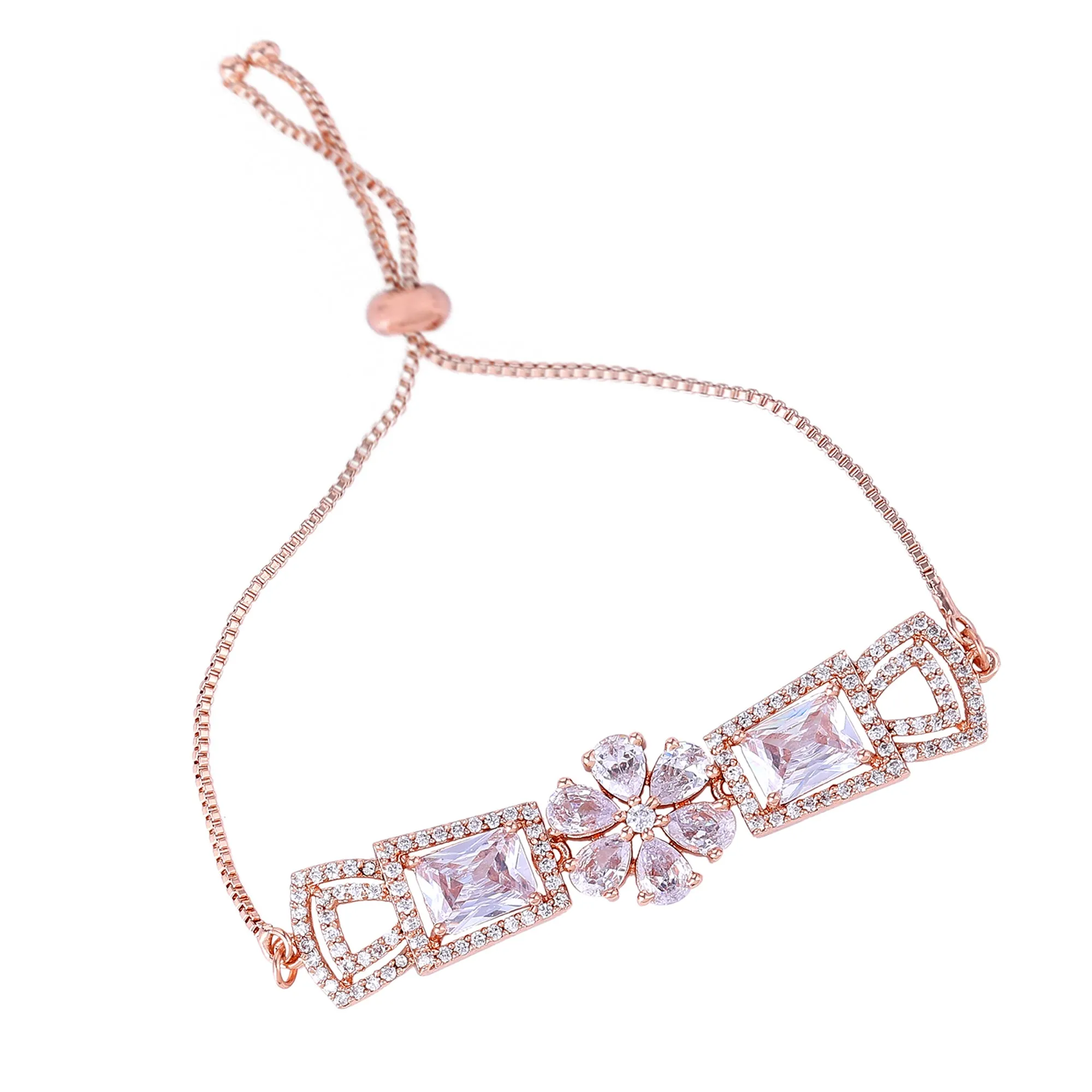 Estele Rosegold Plated Timeless Elegant Floral Designer Adjustable Charm Bracelet with White American Diamonds for Women