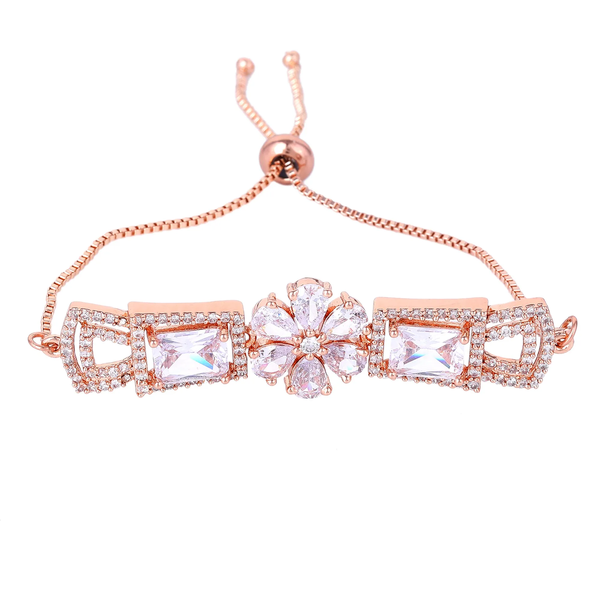 Estele Rosegold Plated Timeless Elegant Floral Designer Adjustable Charm Bracelet with White American Diamonds for Women