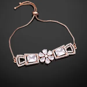 Estele Rosegold Plated Timeless Elegant Floral Designer Adjustable Charm Bracelet with White American Diamonds for Women