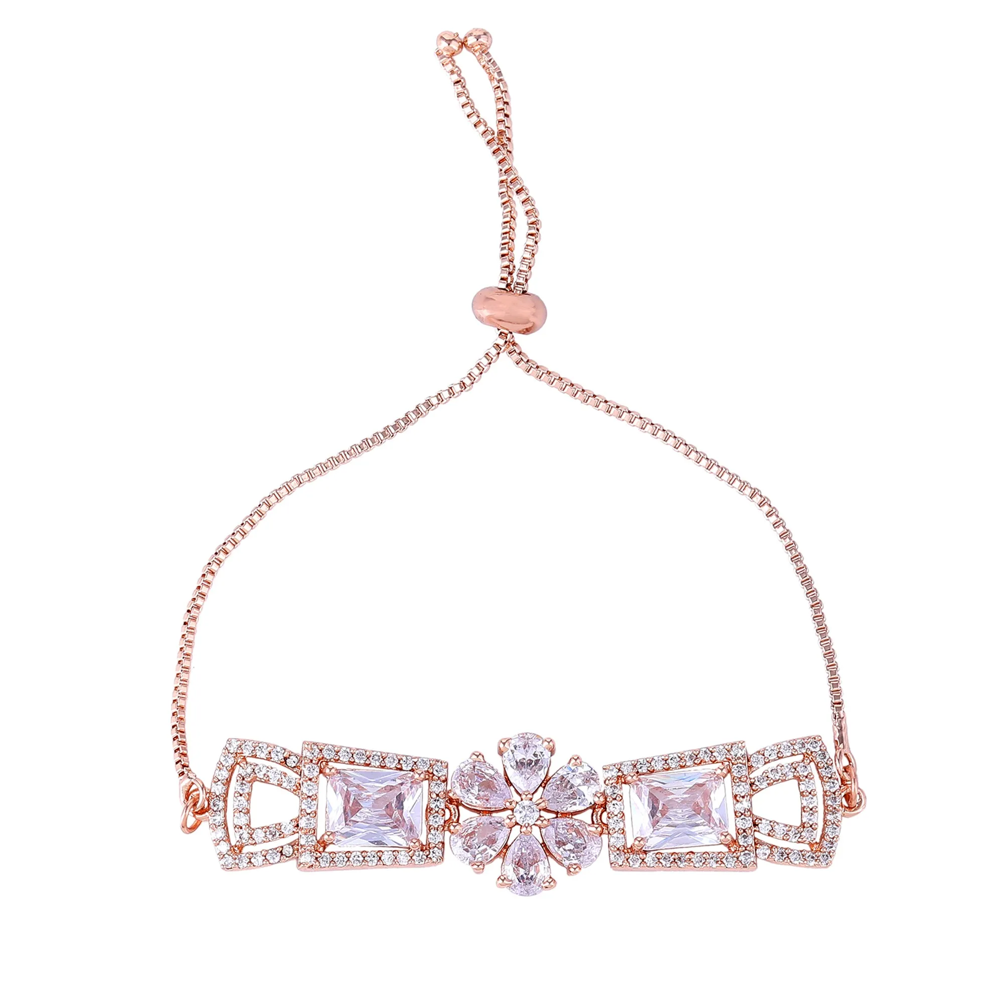 Estele Rosegold Plated Timeless Elegant Floral Designer Adjustable Charm Bracelet with White American Diamonds for Women