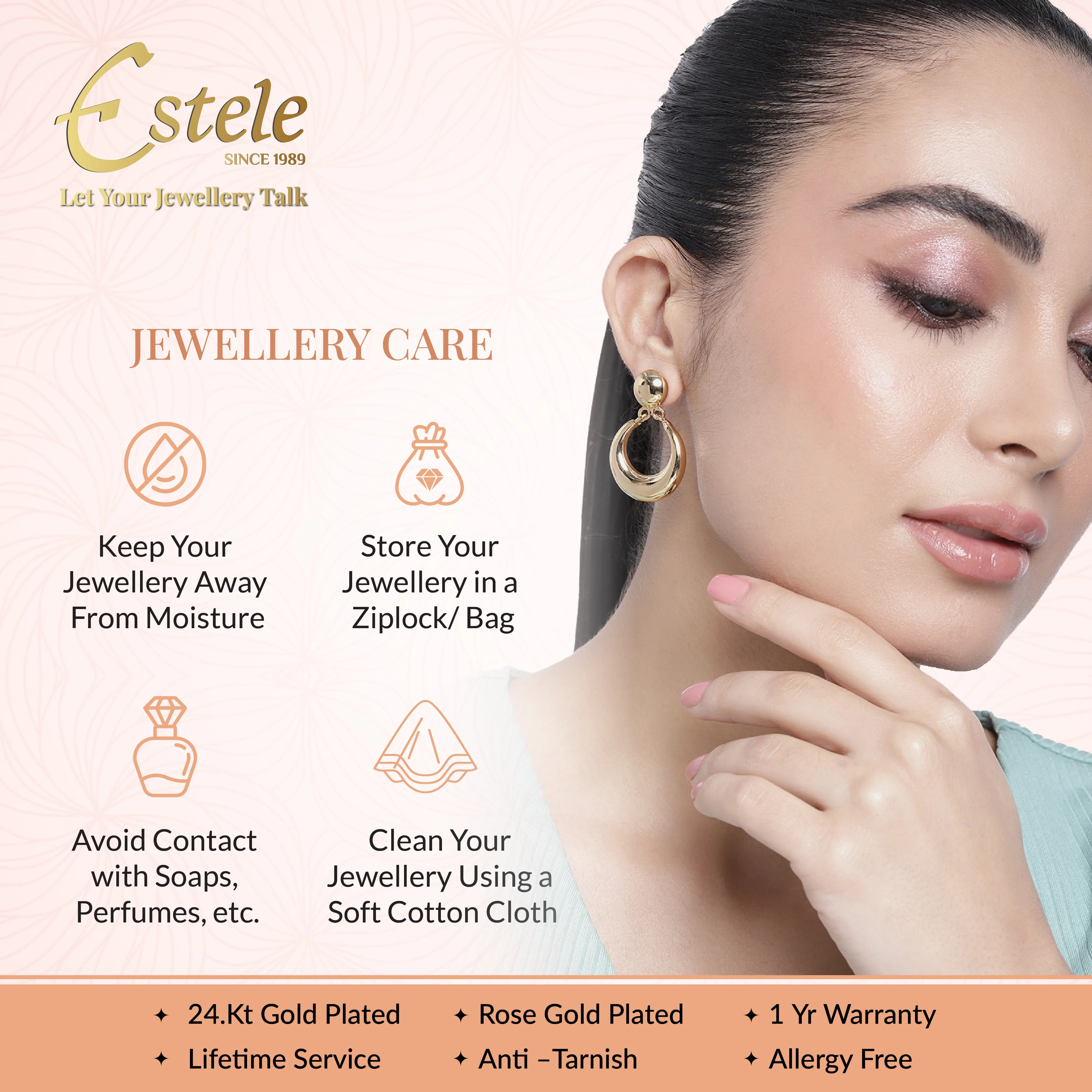 Estele Rosegold Plated Trendy Square Patterned Lightweight Kada Bracelet with Mint Pink Glittering American Diamonds for Women
