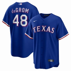 football supporters gear Camisa MLB Texas Rangers II Nike Torcedor Masculina Azul Jacob deGrom 48 football fan shoelaces