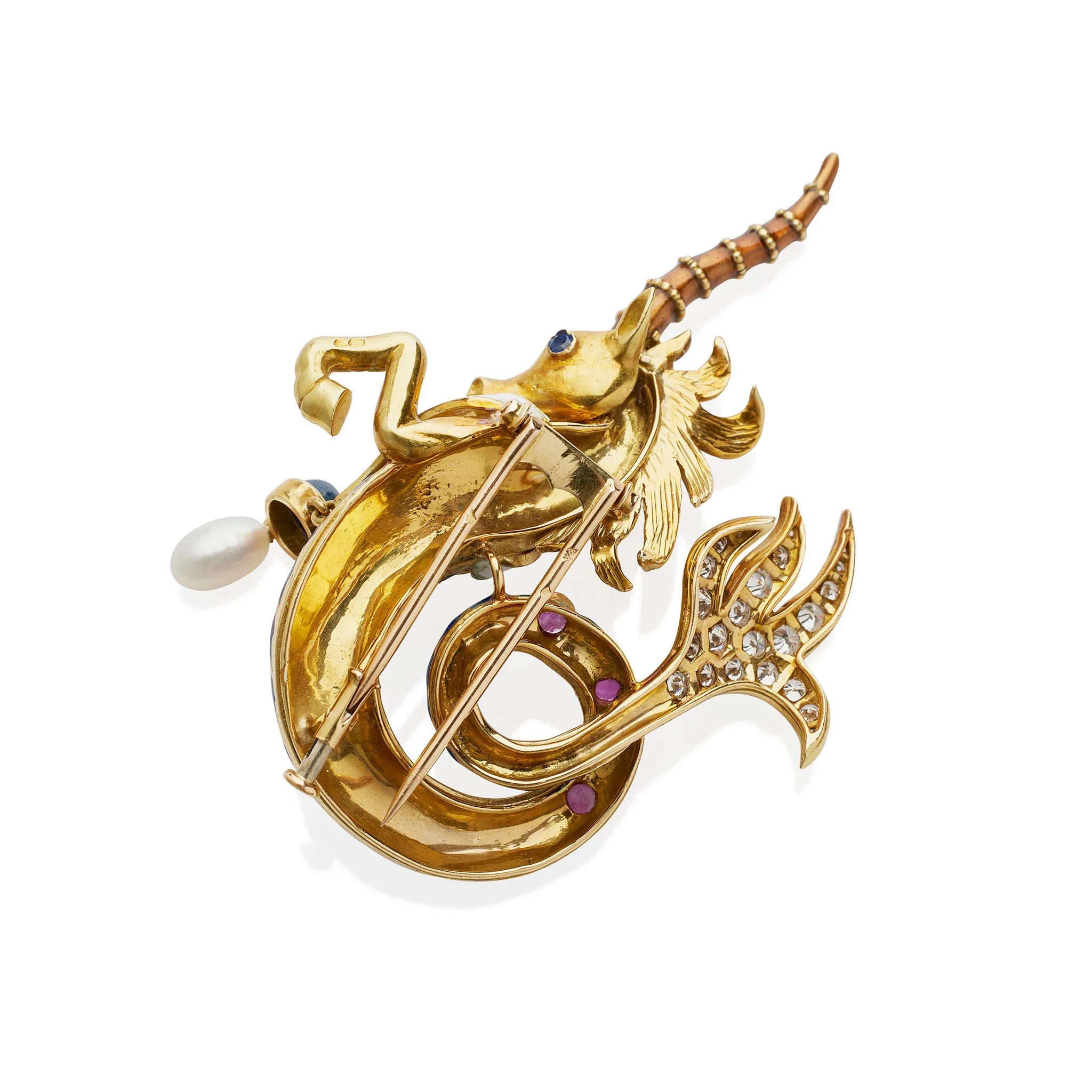 French 1960s Enamel and Gem-set Sea Unicorn Brooch, Jean Thierry Bondt