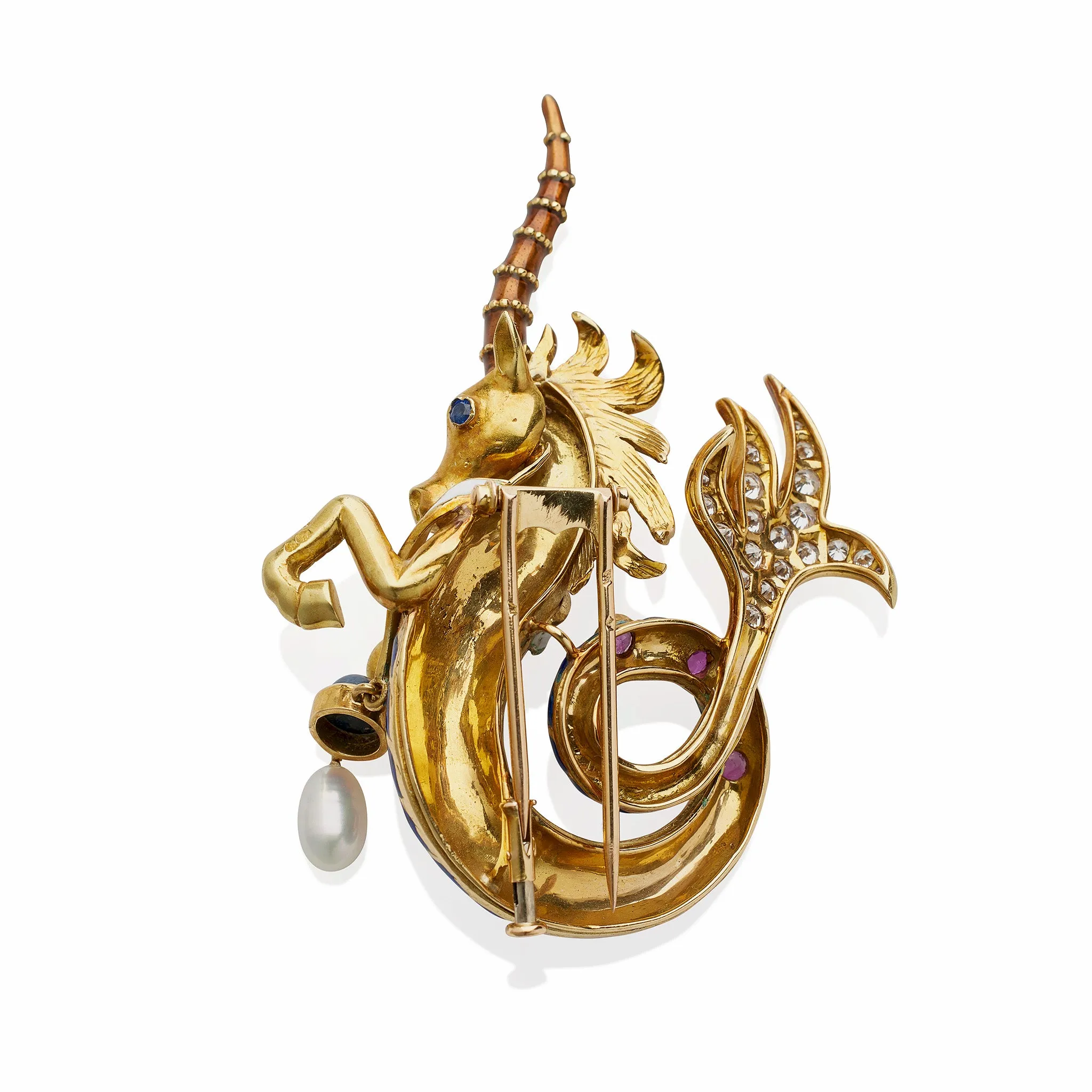French 1960s Enamel and Gem-set Sea Unicorn Brooch, Jean Thierry Bondt