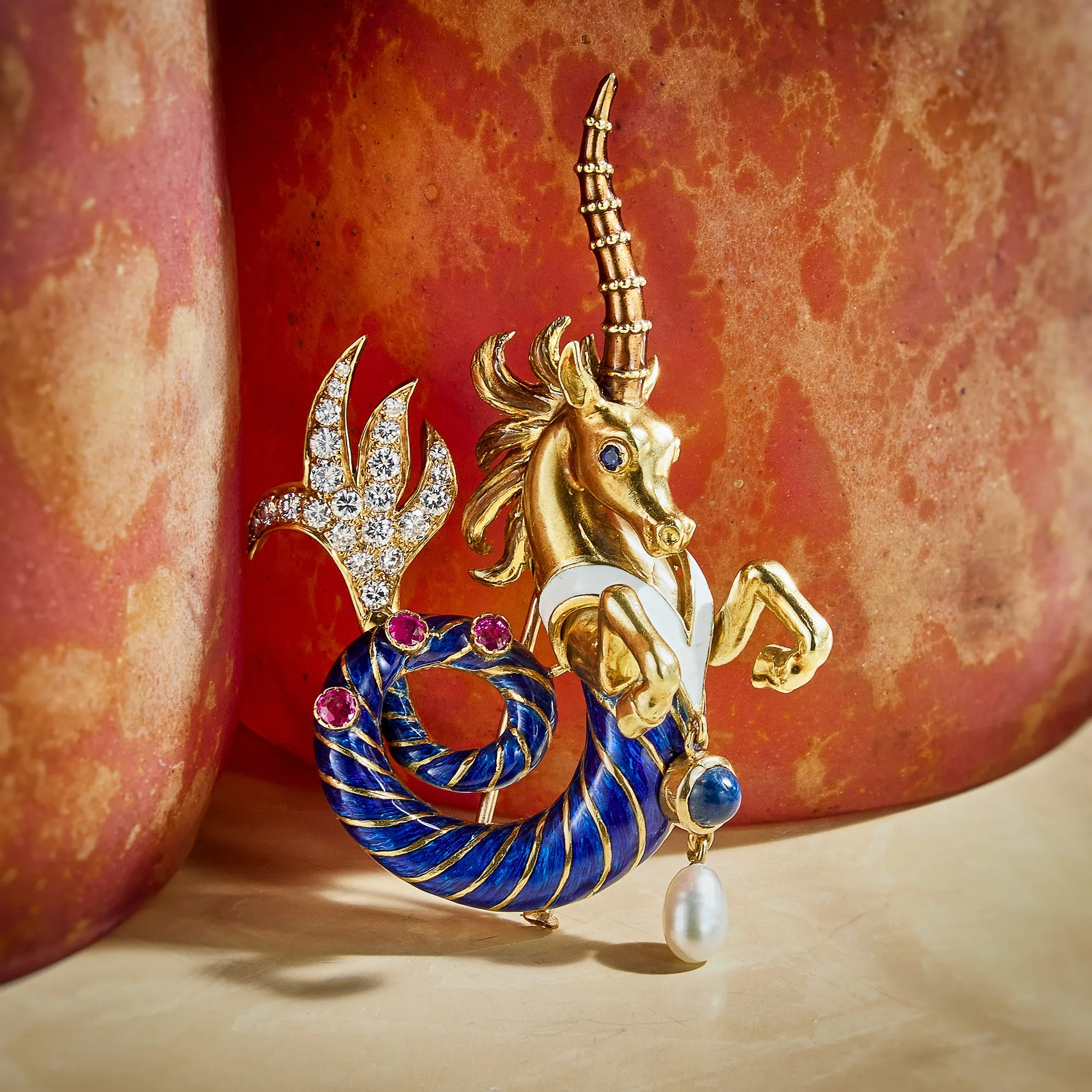 French 1960s Enamel and Gem-set Sea Unicorn Brooch, Jean Thierry Bondt