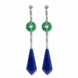 French Art Deco Lapis, Jadeite and Diamond Pendant Earrings