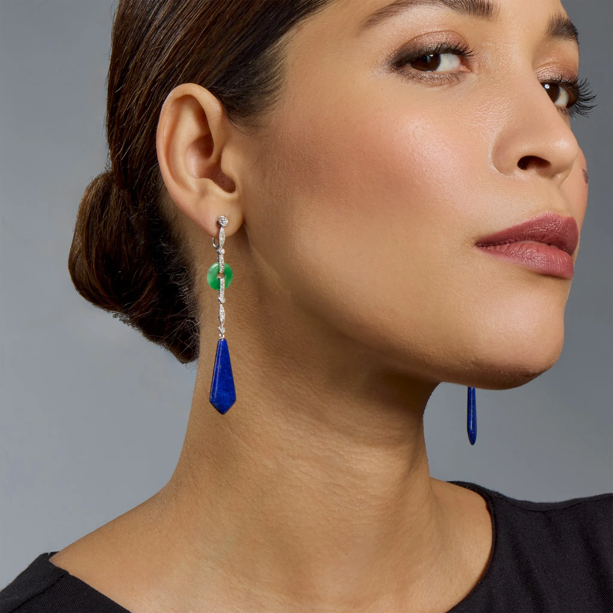 French Art Deco Lapis, Jadeite and Diamond Pendant Earrings
