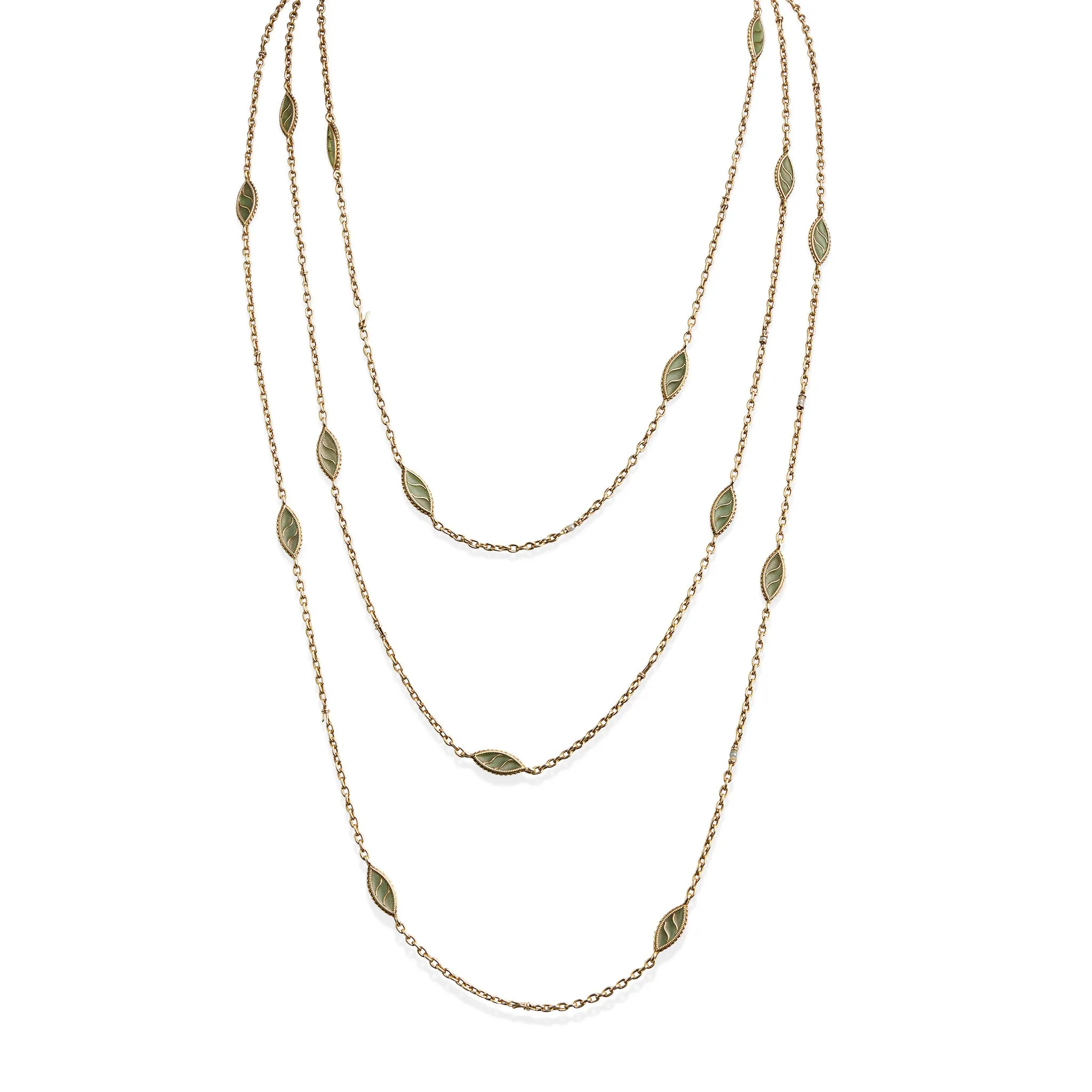 French Art Nouveau 18K Gold and Plique--jour Enamel Longchain Necklace