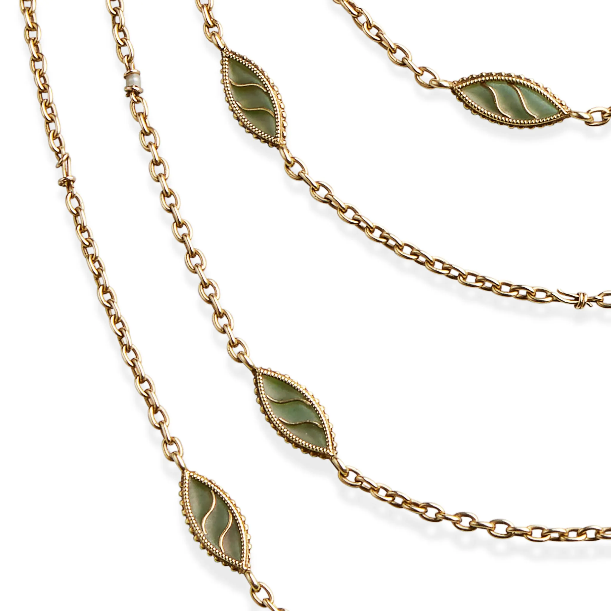 French Art Nouveau 18K Gold and Plique--jour Enamel Longchain Necklace