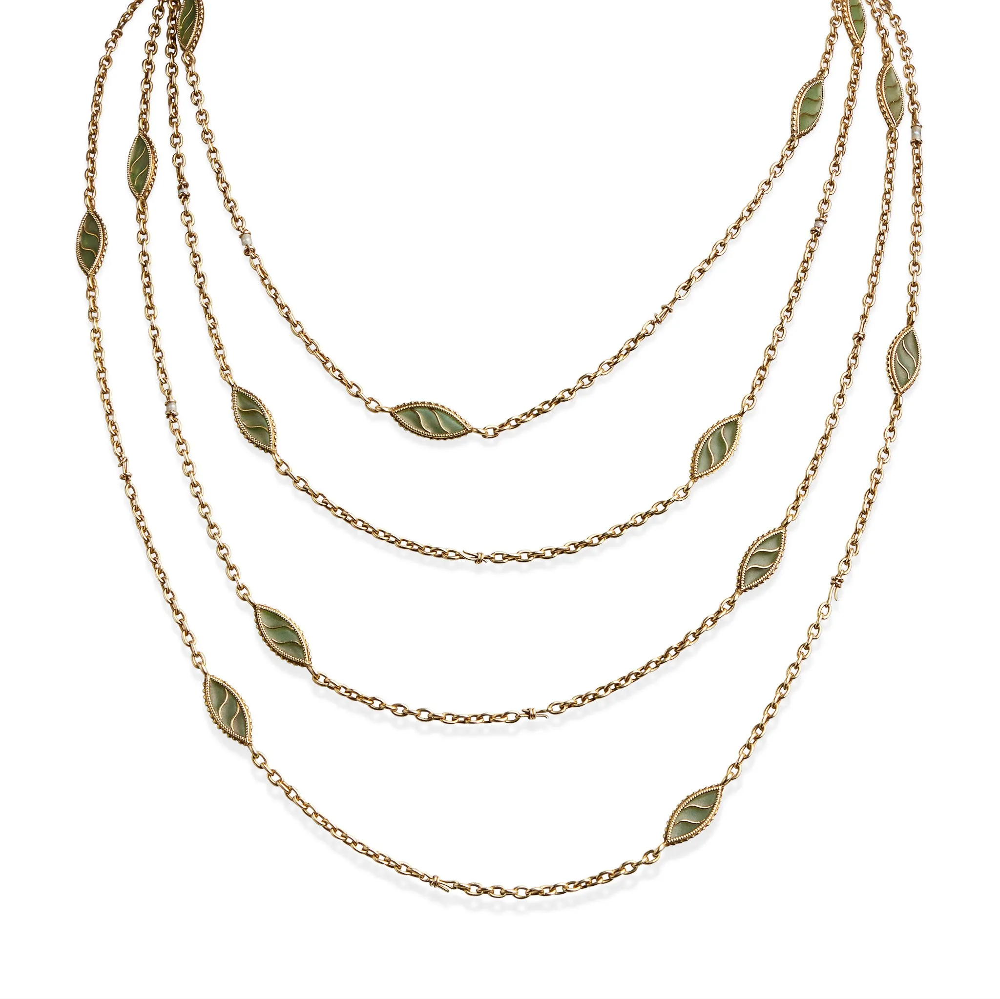 French Art Nouveau 18K Gold and Plique--jour Enamel Longchain Necklace