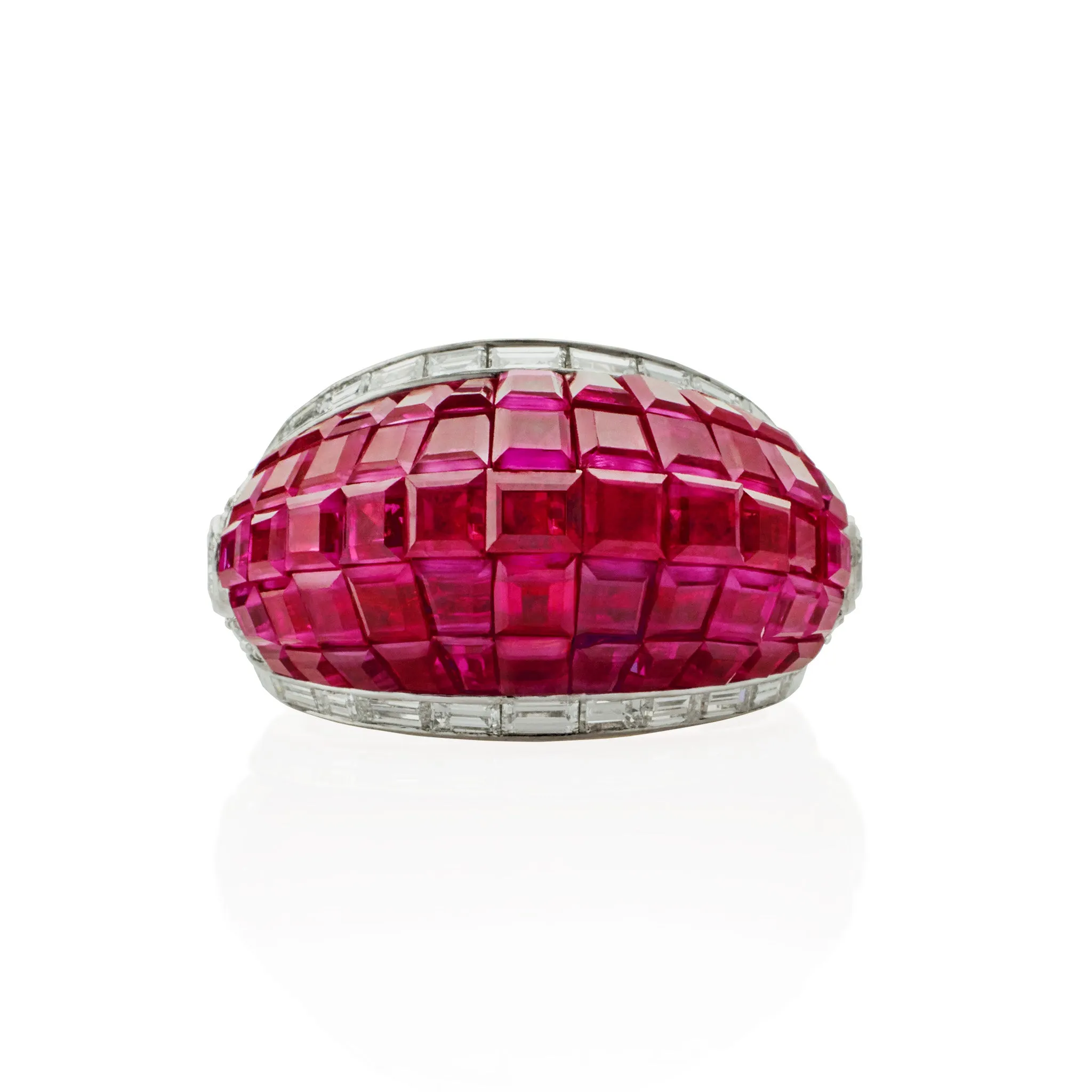 French Invisibly-Set Ruby and Diamond Bomb Ring