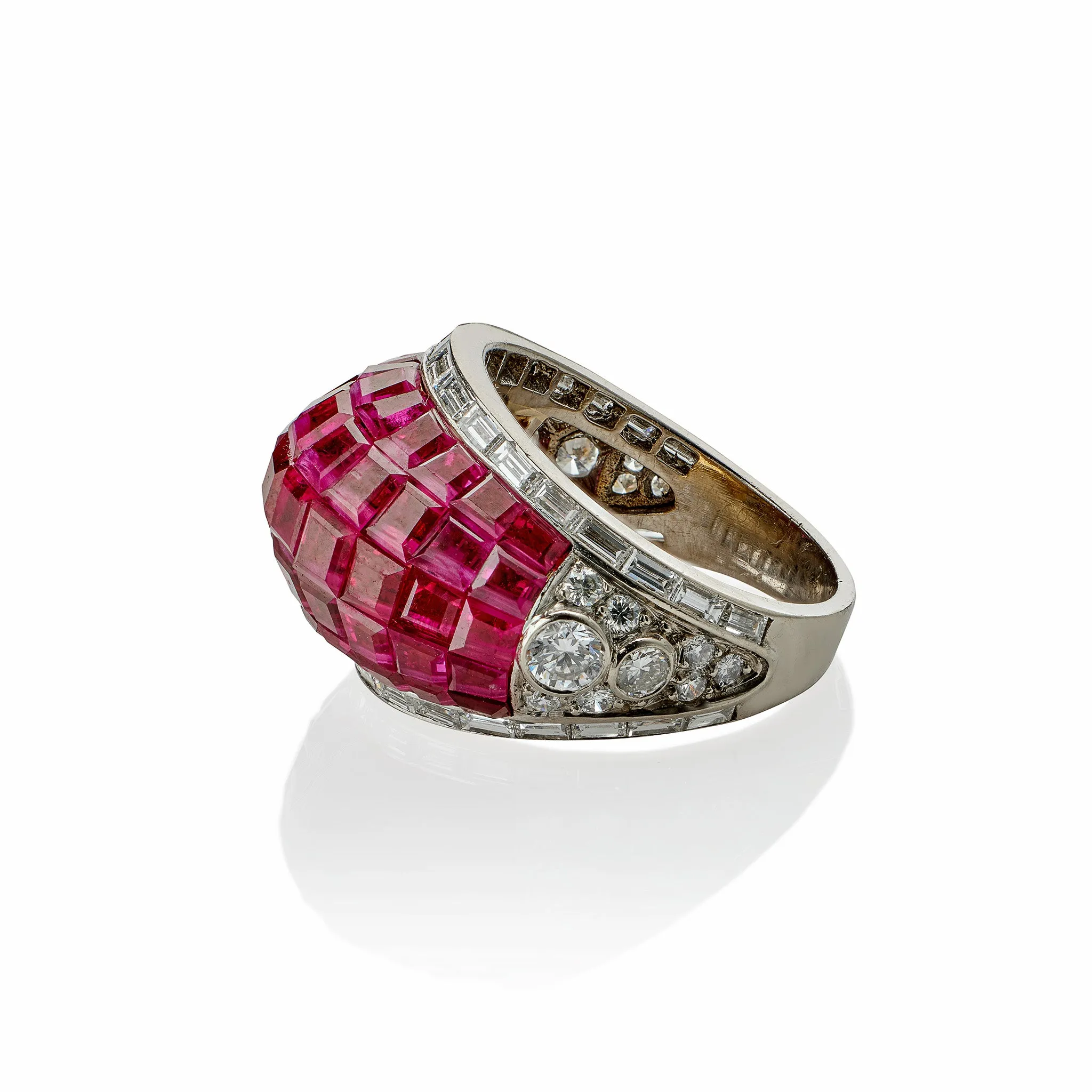 French Invisibly-Set Ruby and Diamond Bomb Ring