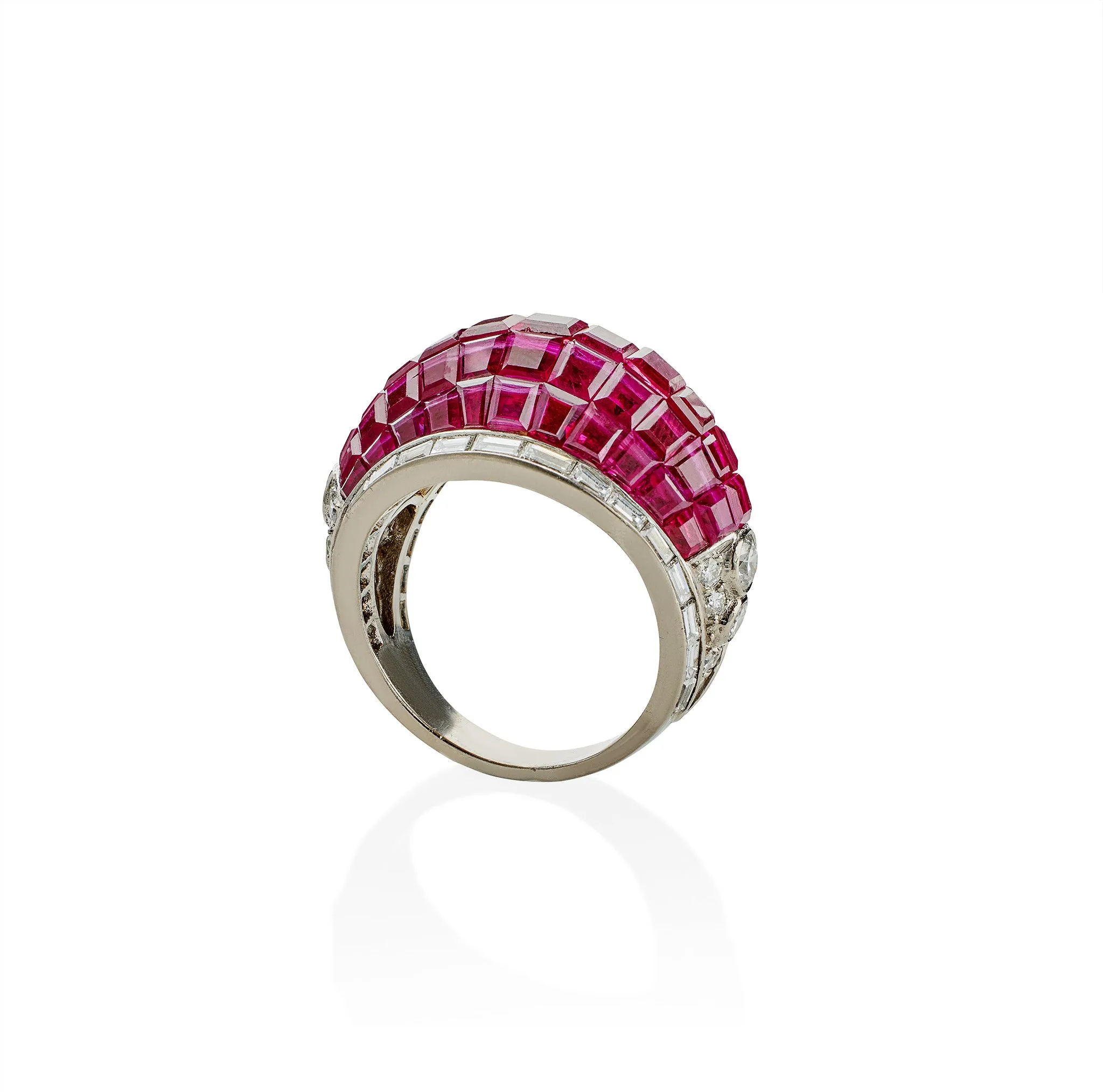 French Invisibly-Set Ruby and Diamond Bomb Ring