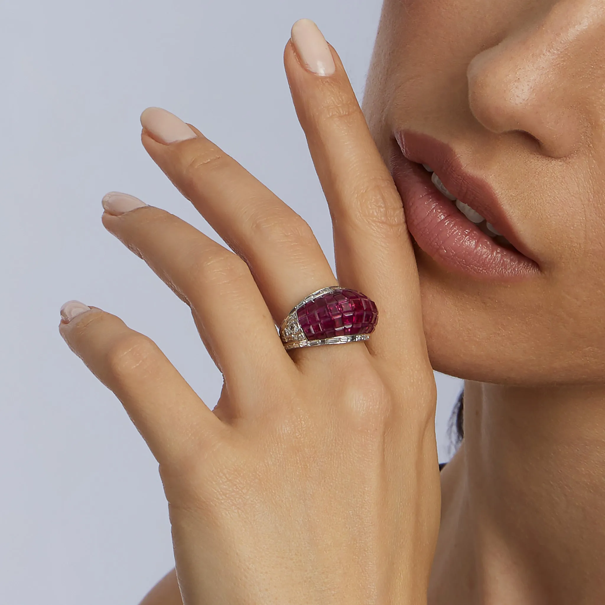 French Invisibly-Set Ruby and Diamond Bomb Ring