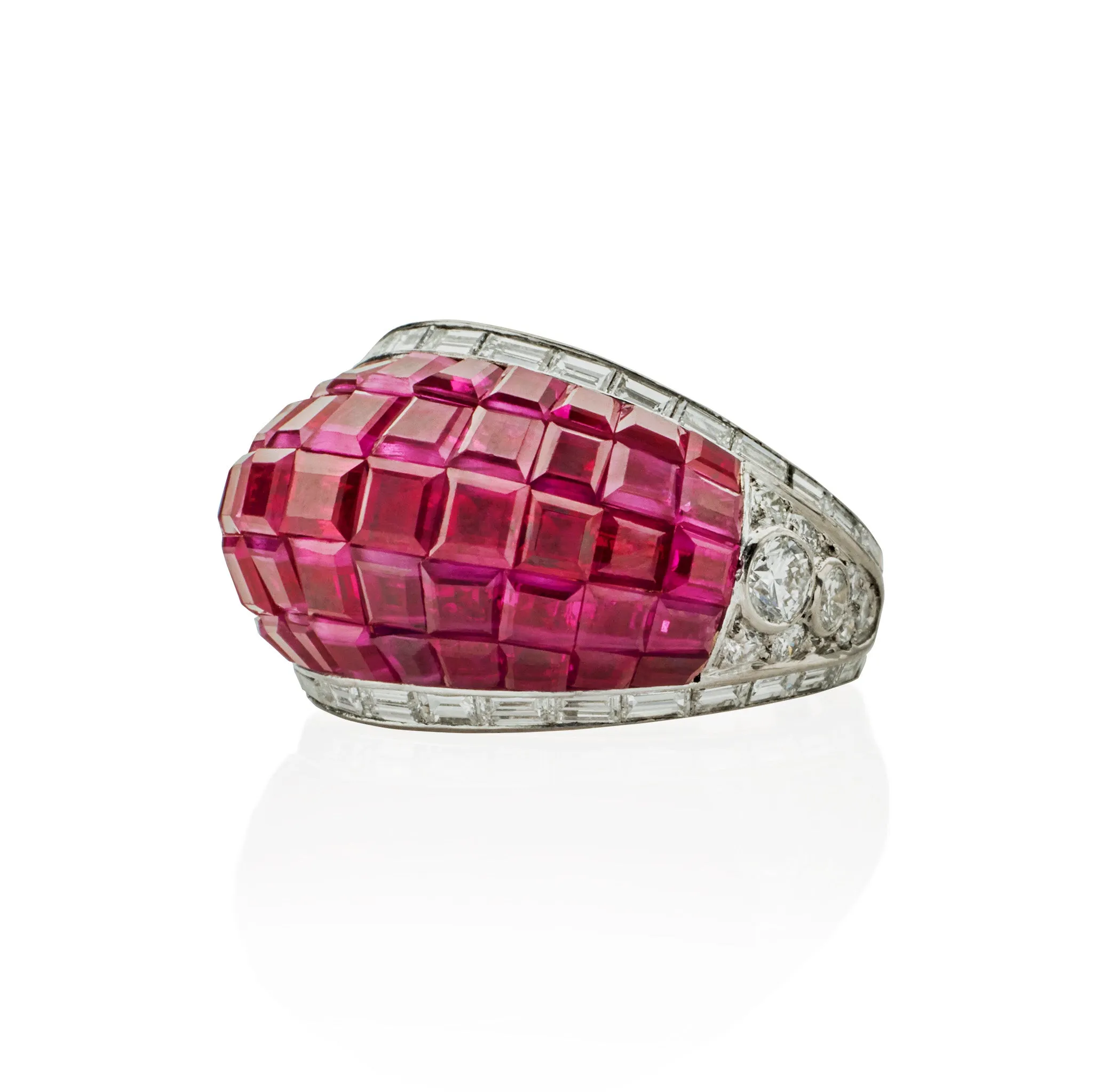 French Invisibly-Set Ruby and Diamond Bomb Ring