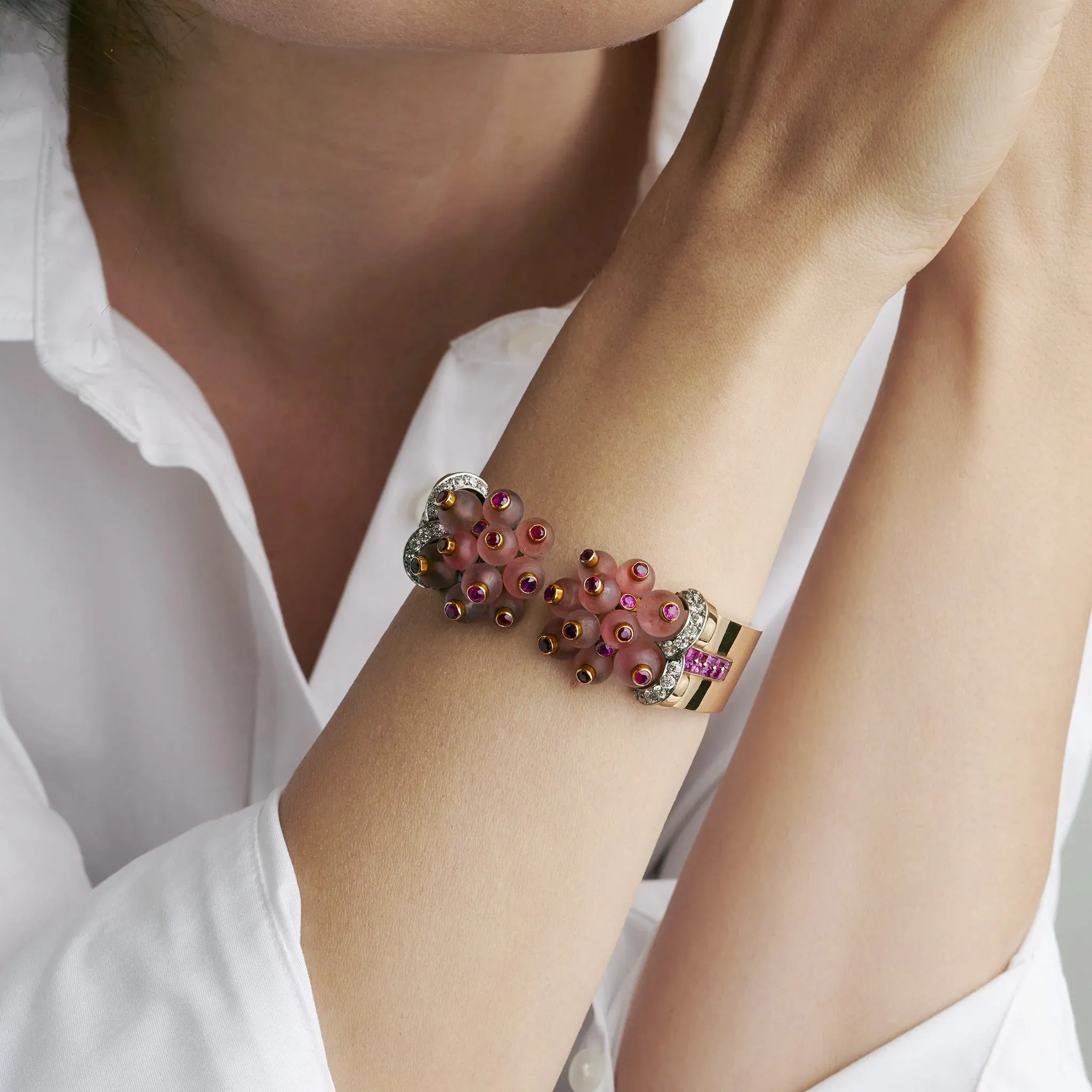 Georges Verger Rose Quartz and Ruby Cuff