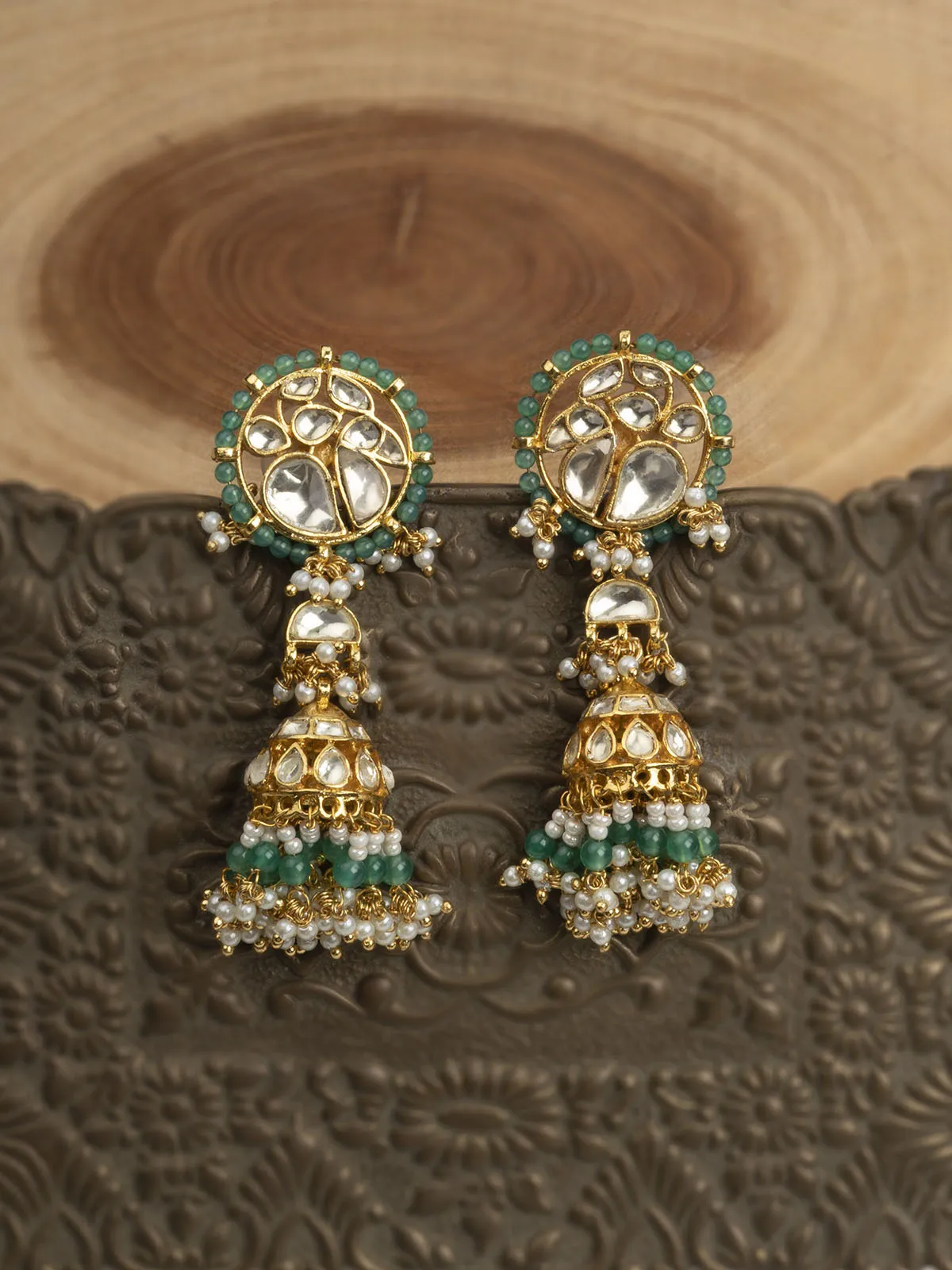 Green Color Gold Plated Jadau Kundan Earrings - ME1021Y
