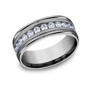 Grey Tantalum Satin Polish 8mm Channel Set Wedding Band With Diamonds