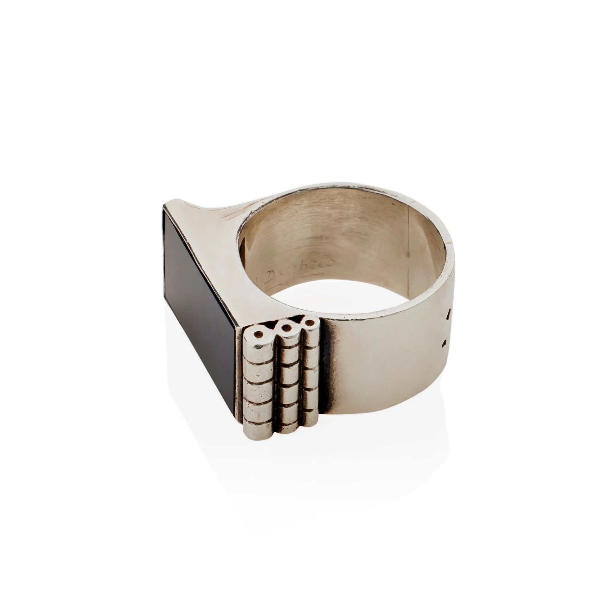 Jean Desprs Modernist Silver and Onyx "Bijoux Moteurs" Ring