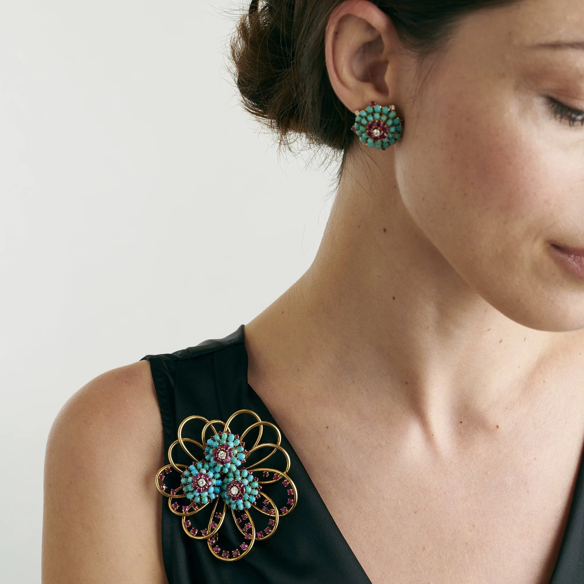 John Rubel Pav?? Turquoise and Ruby Brooch and Earrings Suite