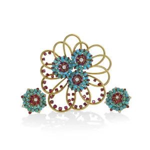 John Rubel Pav Turquoise and Ruby Brooch and Earrings Suite