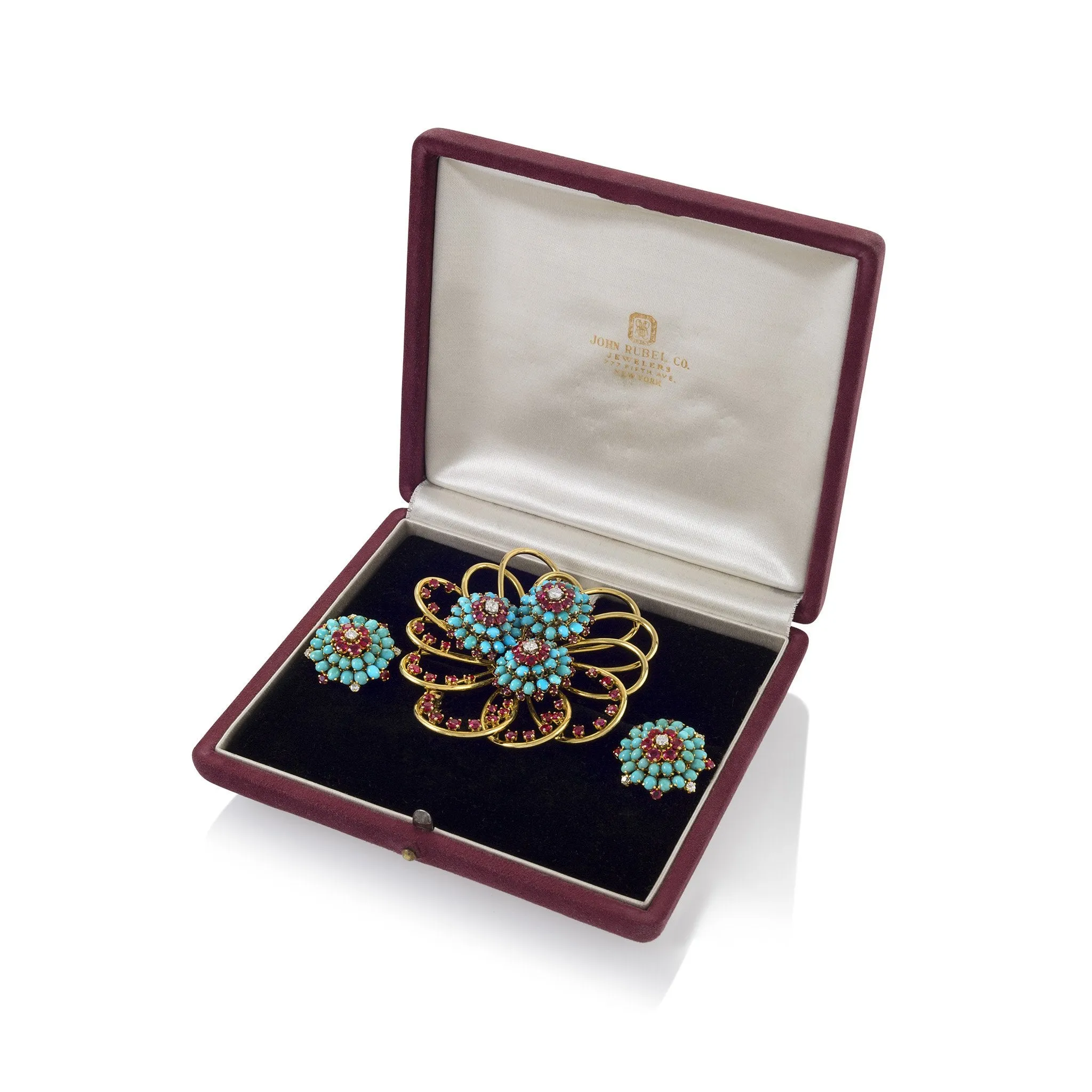 John Rubel Pav Turquoise and Ruby Brooch and Earrings Suite