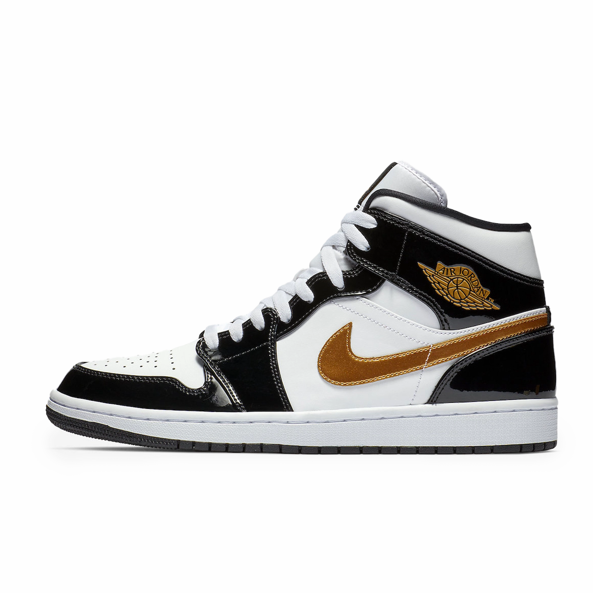Jordan 1 Mid Patent Black White Gold