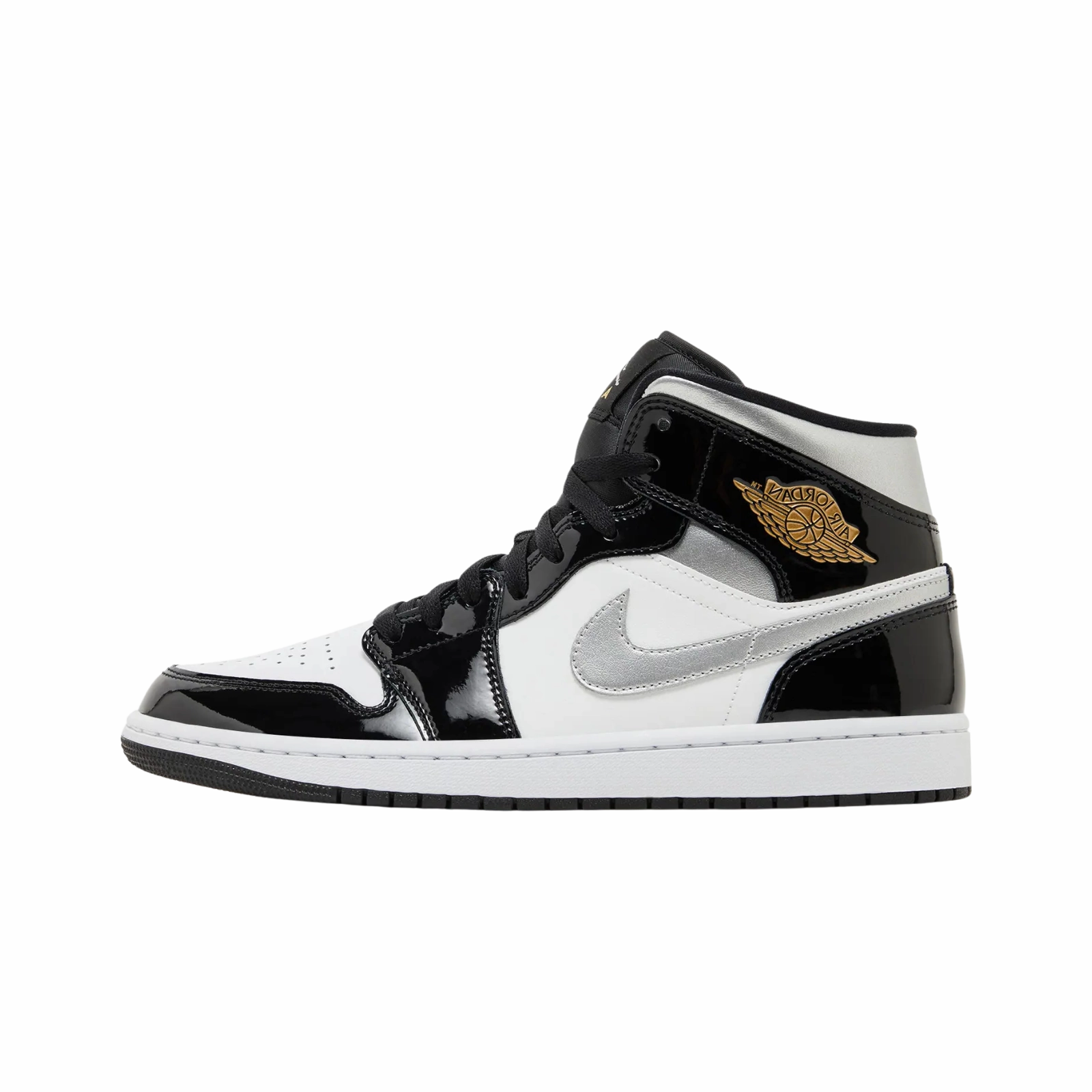 Jordan 1 Mid SE Patent Black White Metallic Silver Metallic Gold
