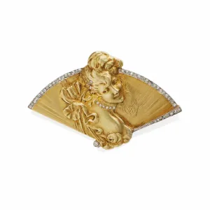 Jules Chret Art Nouveau 18K Gold and Rose-cut Diamond Brooch