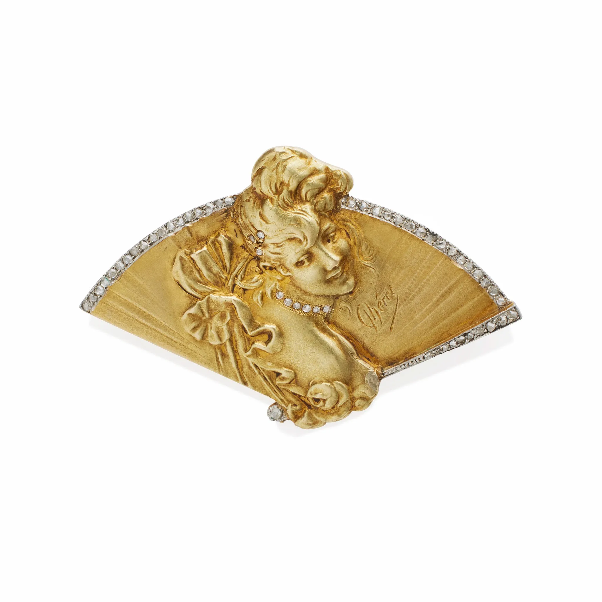 Jules Chret Art Nouveau 18K Gold and Rose-cut Diamond Brooch