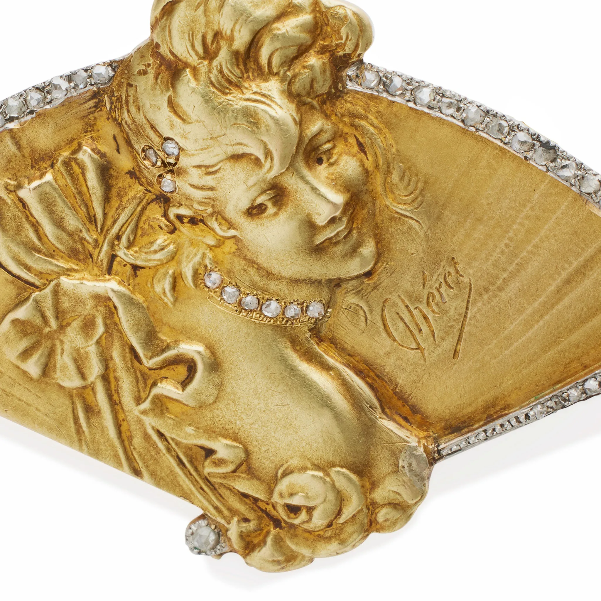 Jules Chret Art Nouveau 18K Gold and Rose-cut Diamond Brooch