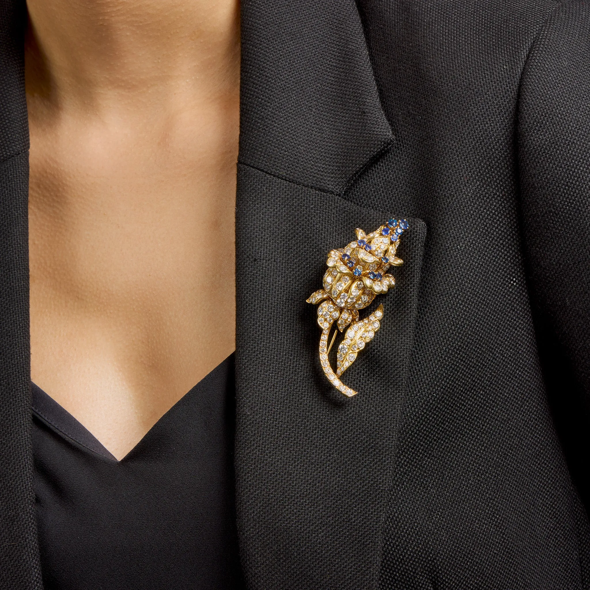 Lacloche Frres Diamond and Sapphire Flower Brooch