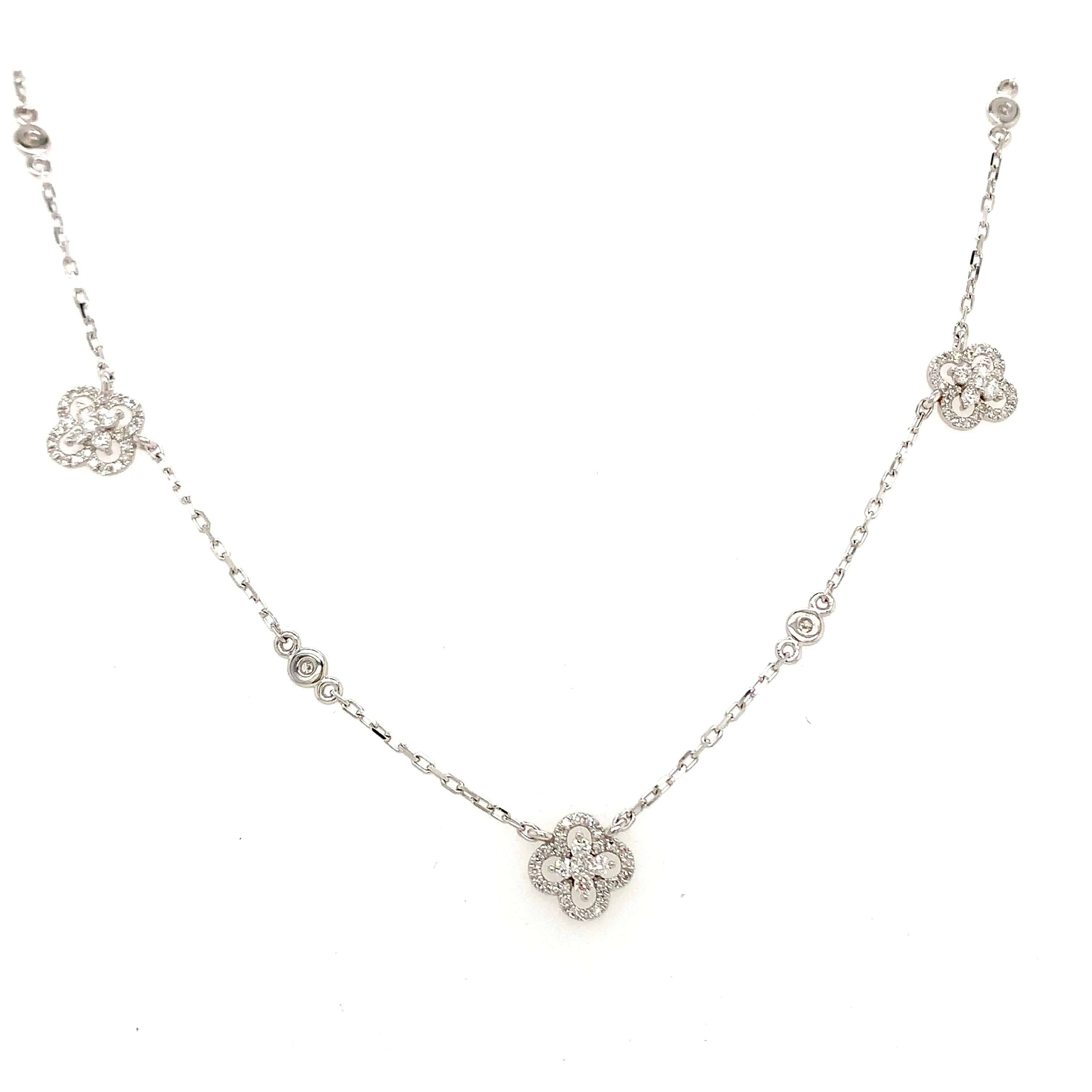 Lady's White Gold and Diamond Clover Station Necklace
