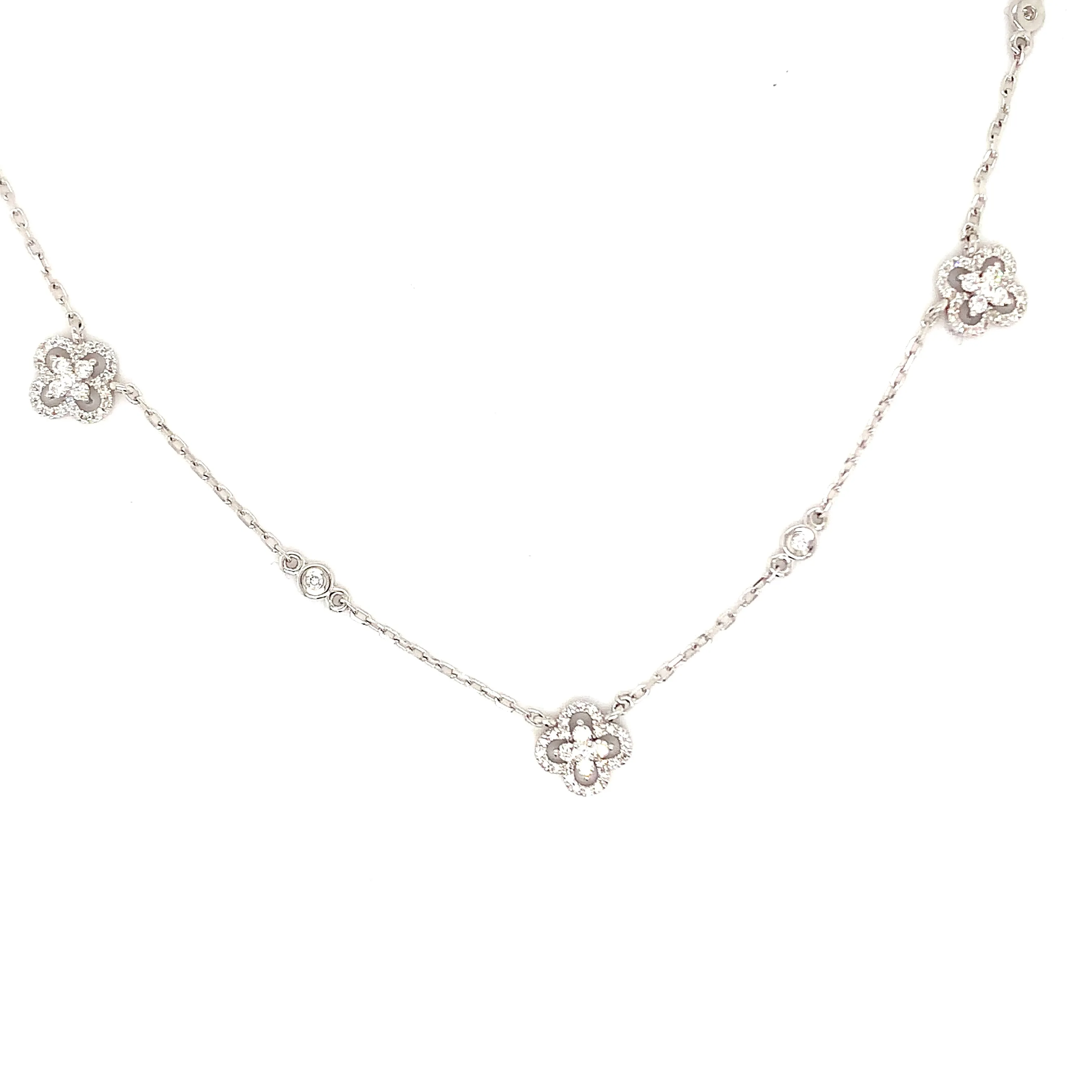 Lady's White Gold and Diamond Clover Station Necklace