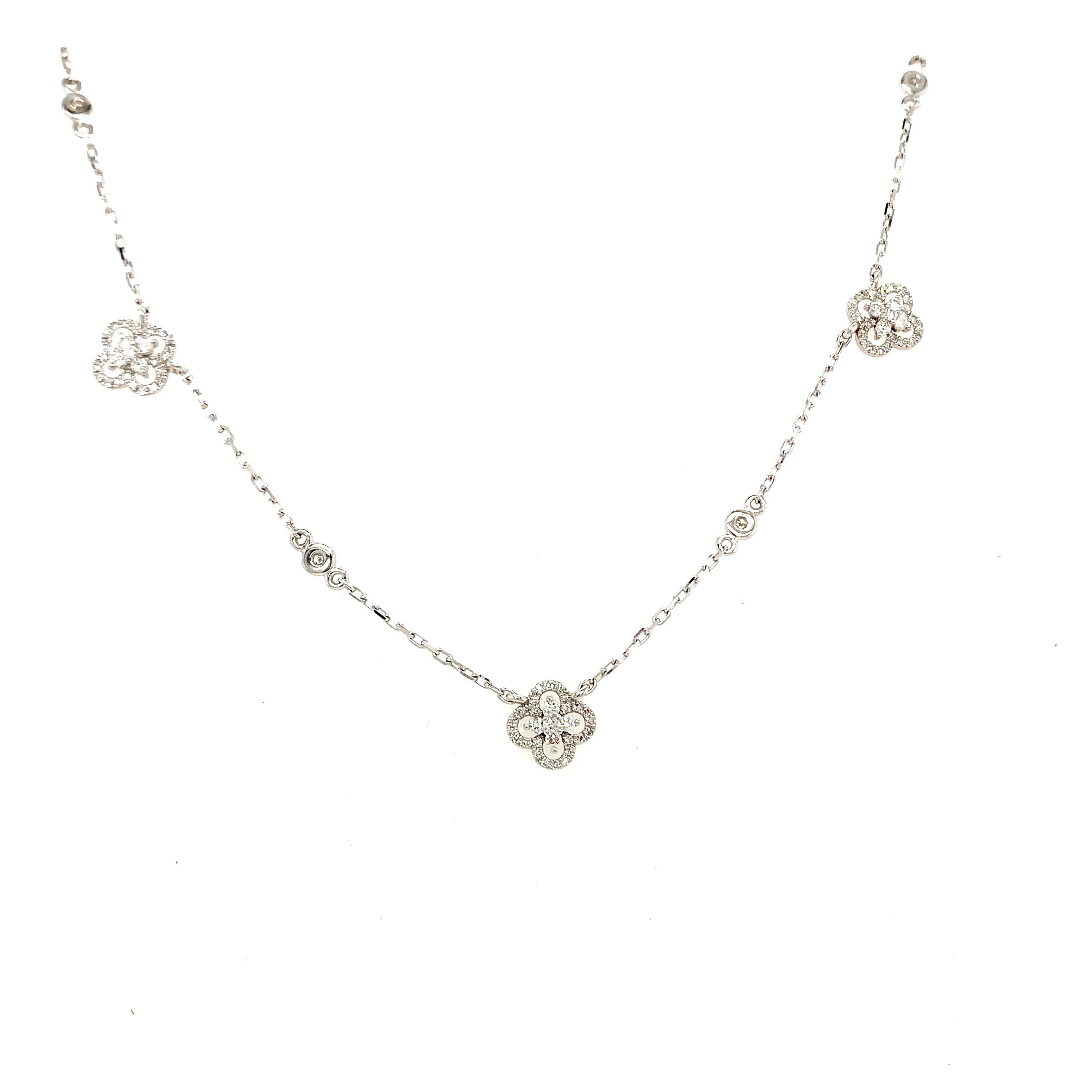 Lady's White Gold and Diamond Clover Station Necklace