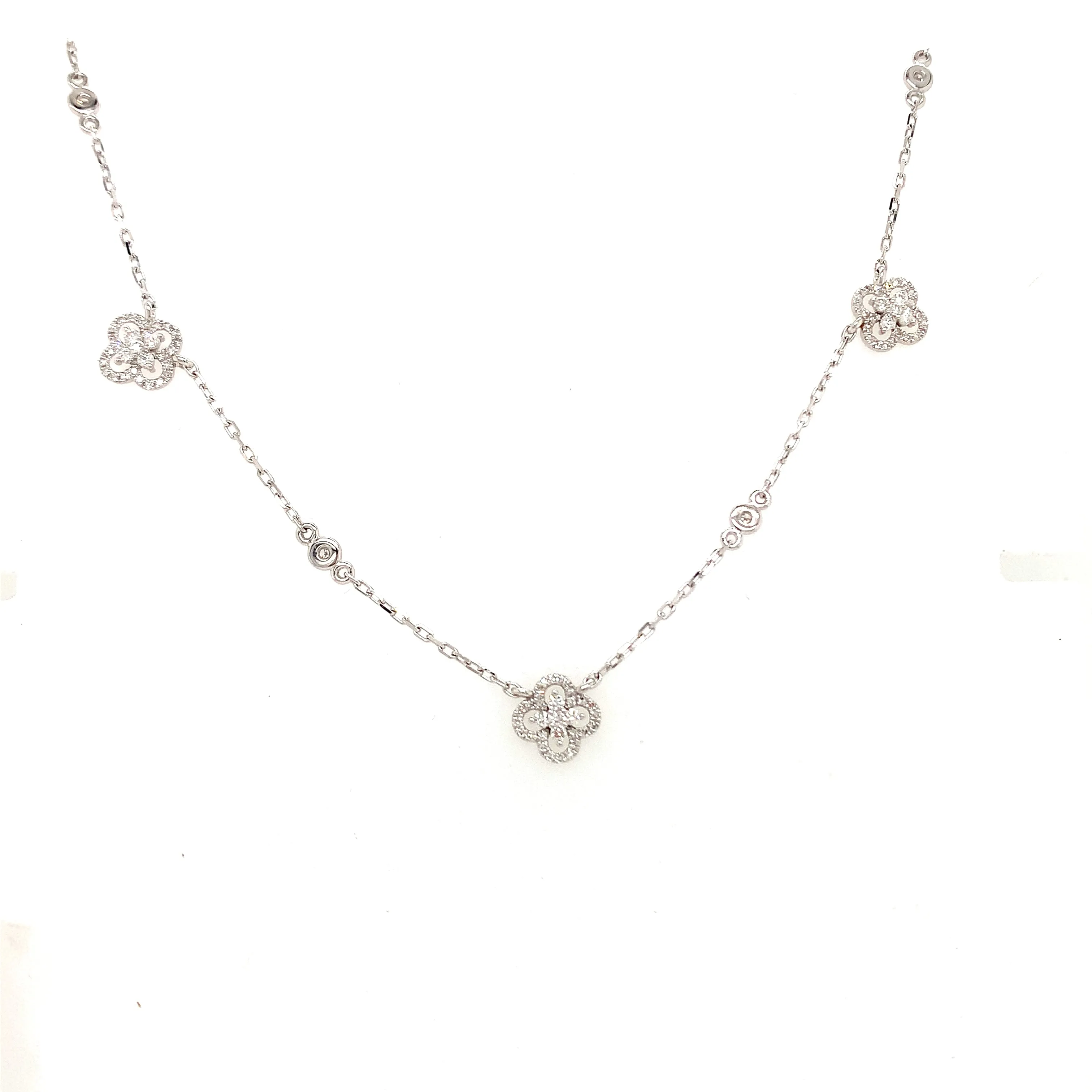 Lady's White Gold and Diamond Clover Station Necklace