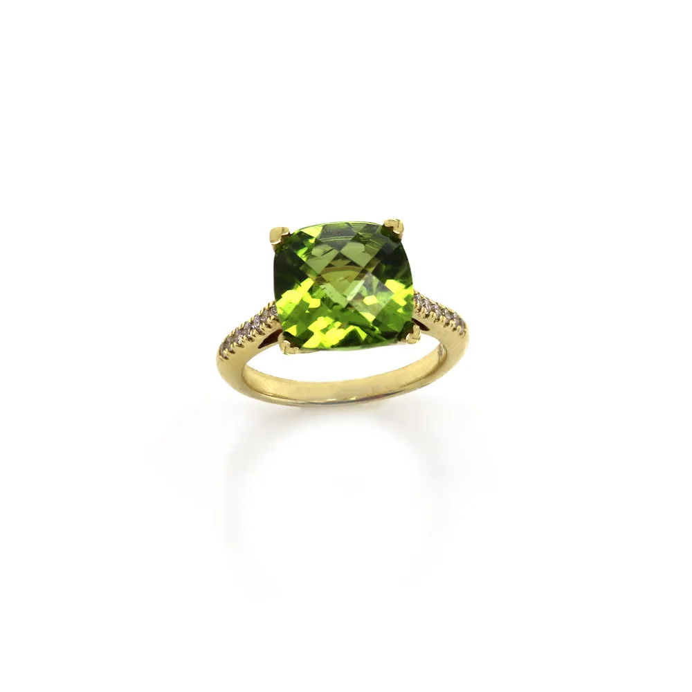 Lisa Nik 18k Yellow Gold Cushion Peridot and Diamond Ring