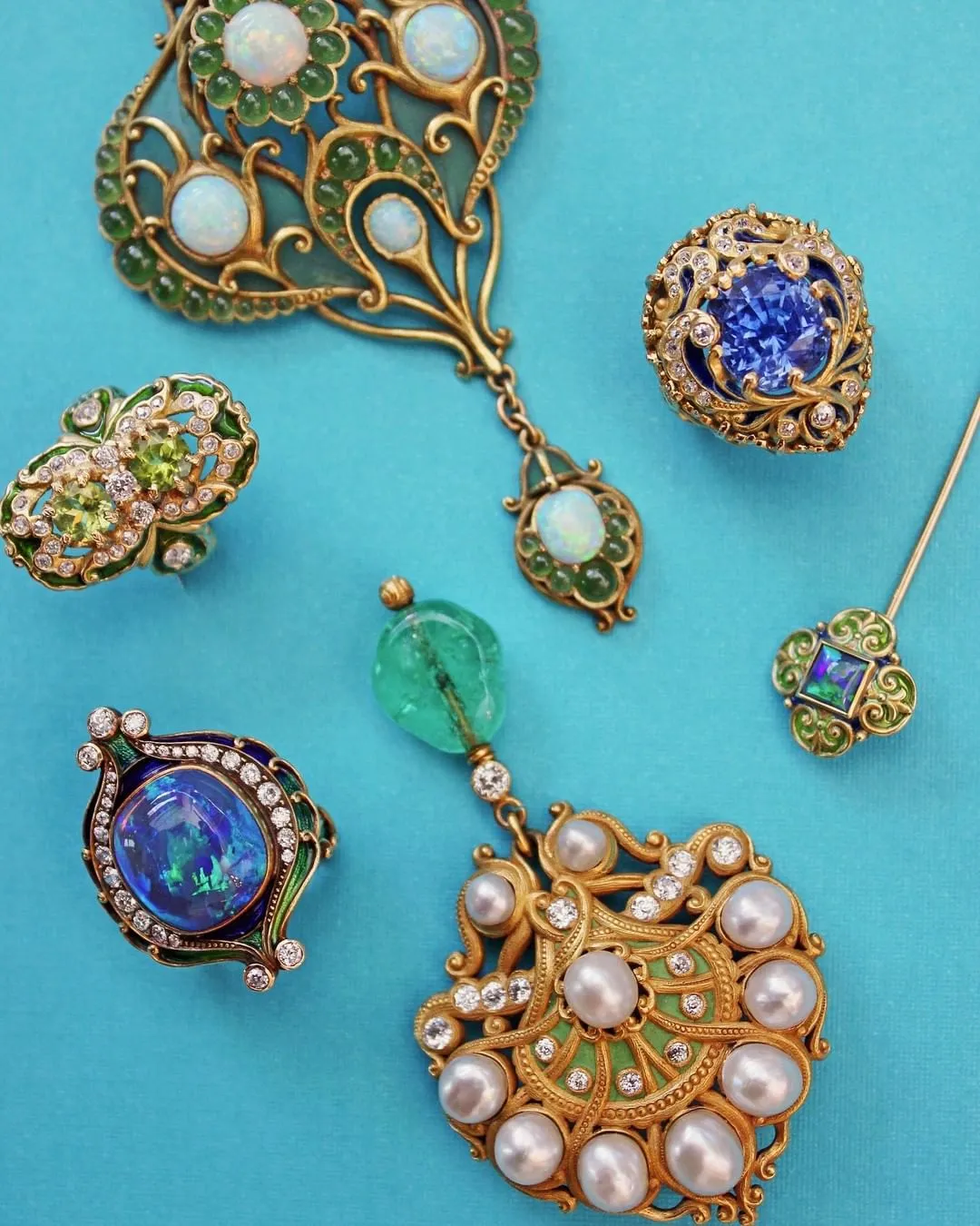 Marcus & Co. Opal, Chrysoprase, and Plique--Jour Enamel Brooch