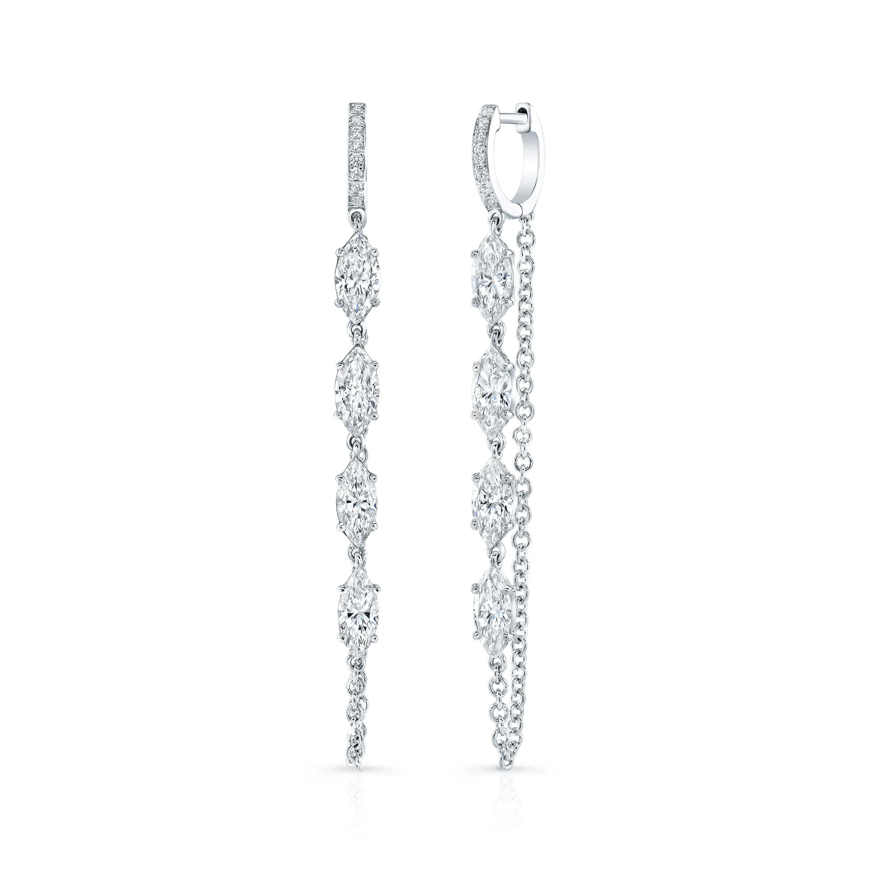 Marquise Diamond Huggie Chain Drop Earrings in 18kt White Gold
