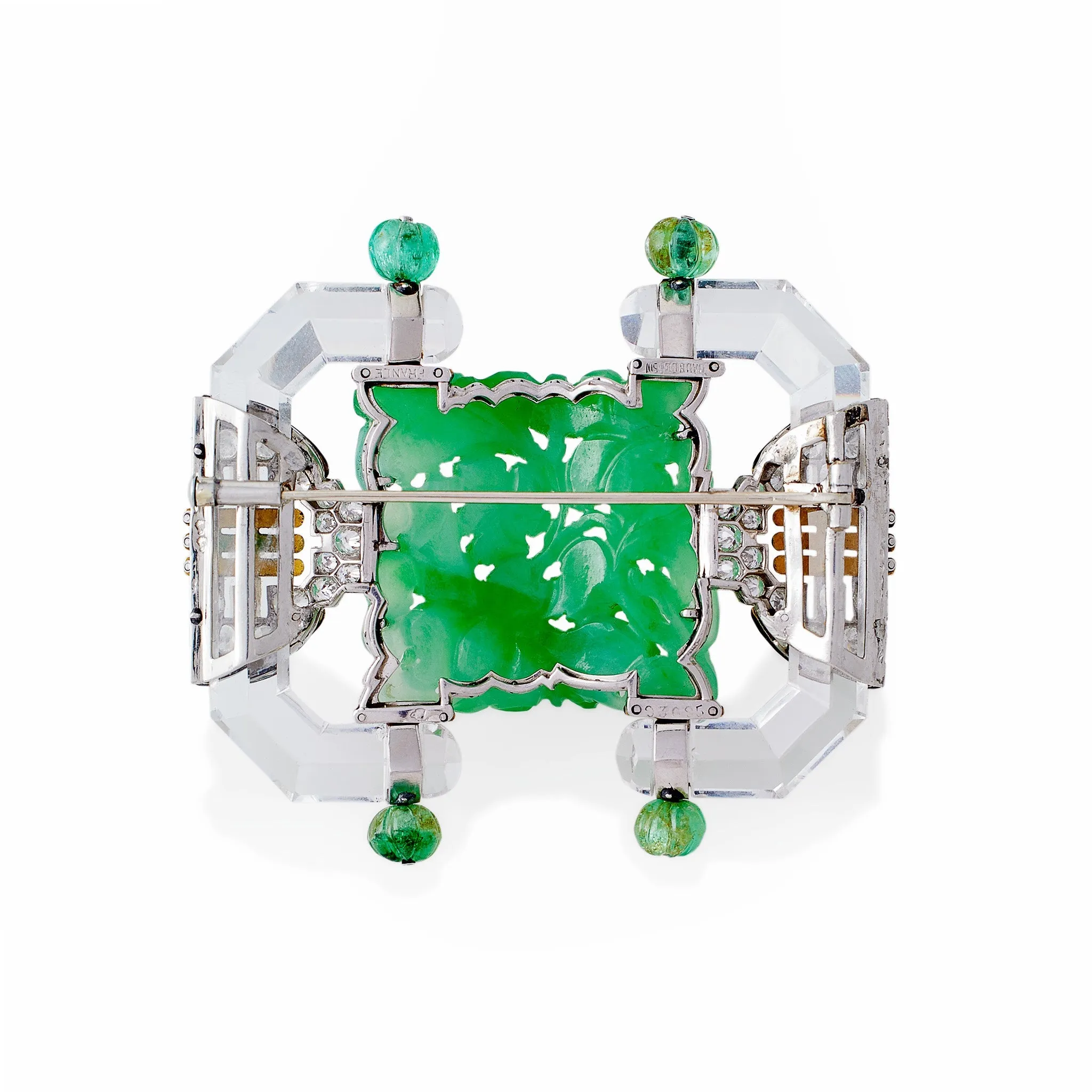 Mauboussin Paris Carved Rock Crystal, Jadeite and Emerald Brooch