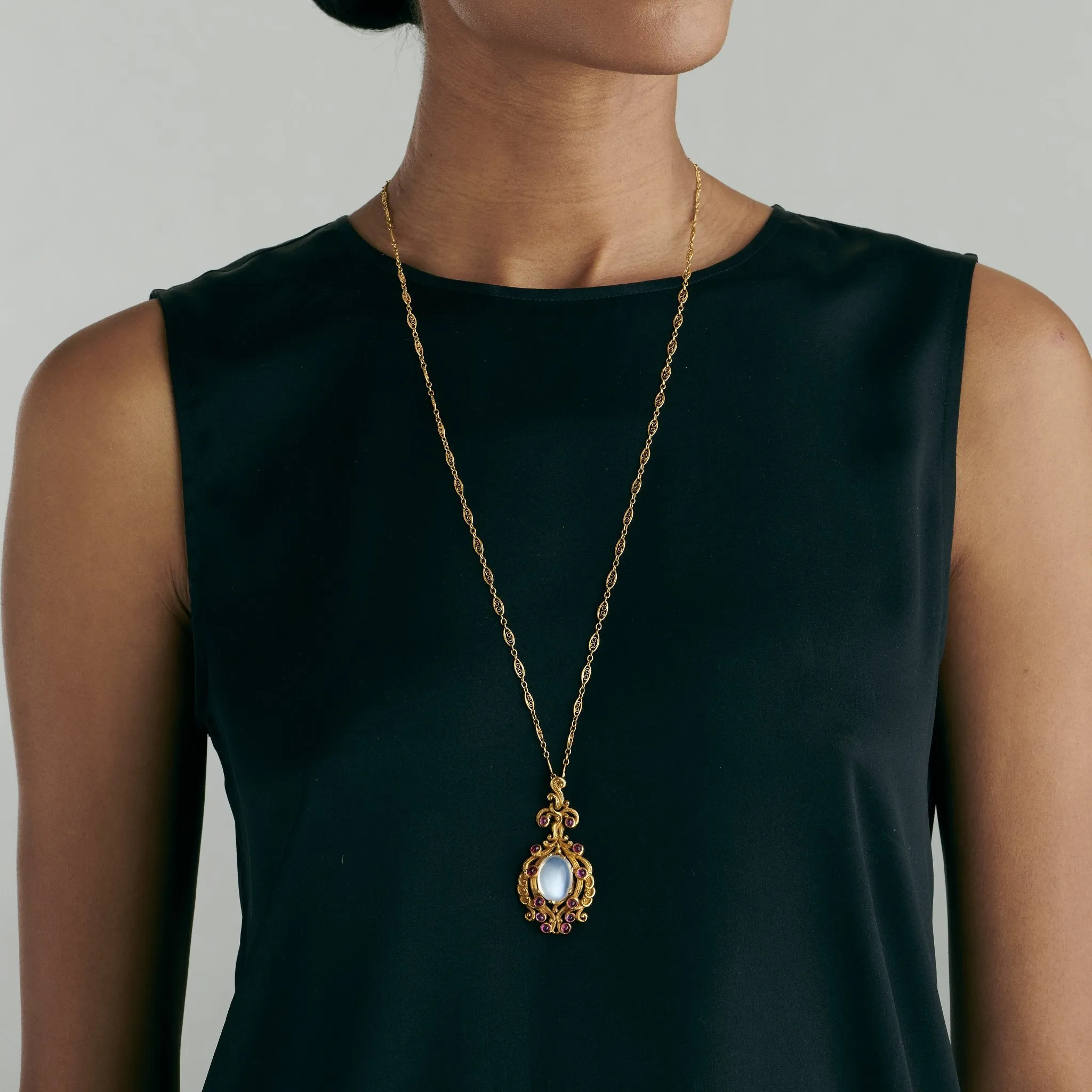 Moonstone and Ruby Gold Pendant Necklace