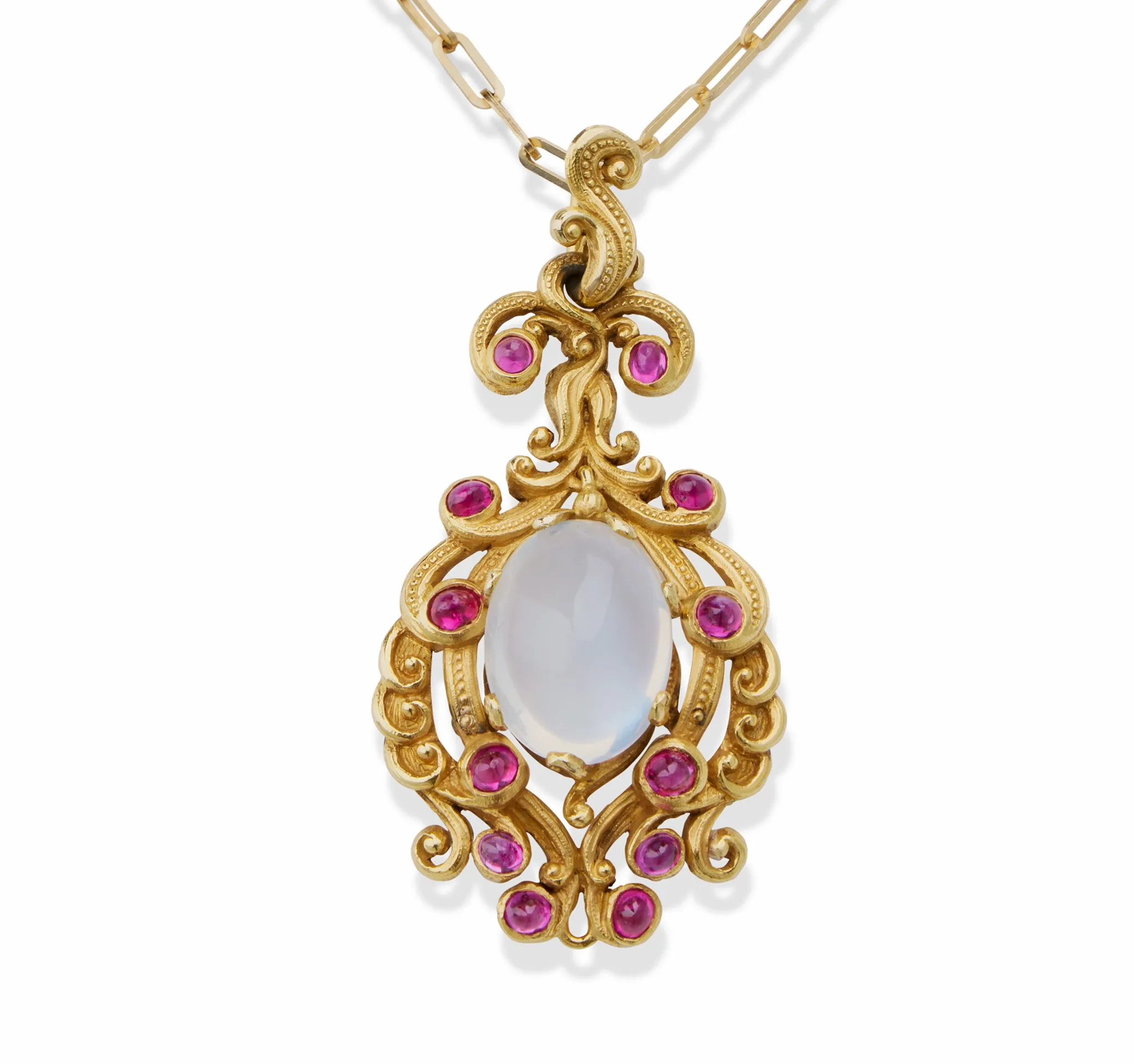 Moonstone and Ruby Gold Pendant Necklace