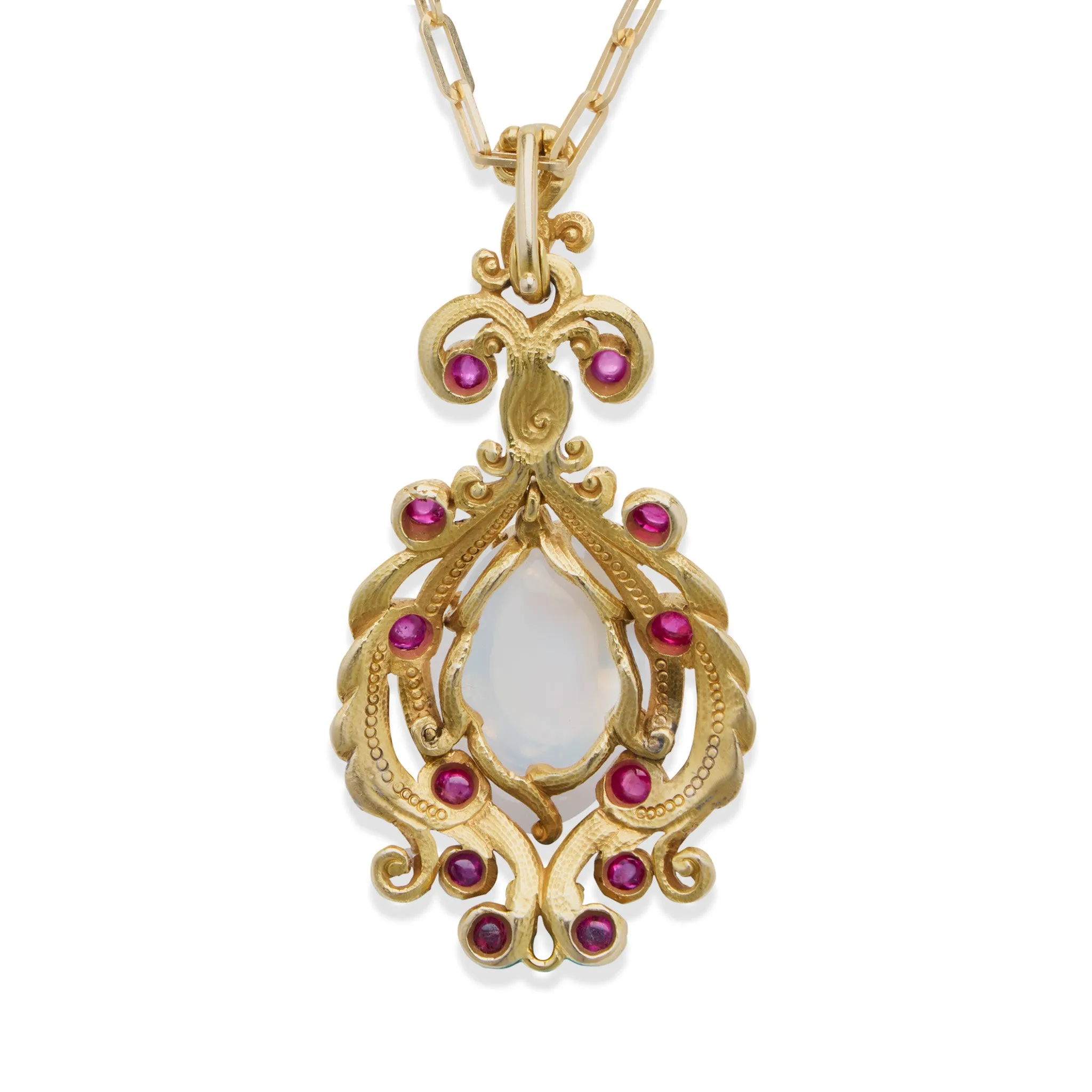 Moonstone and Ruby Gold Pendant Necklace
