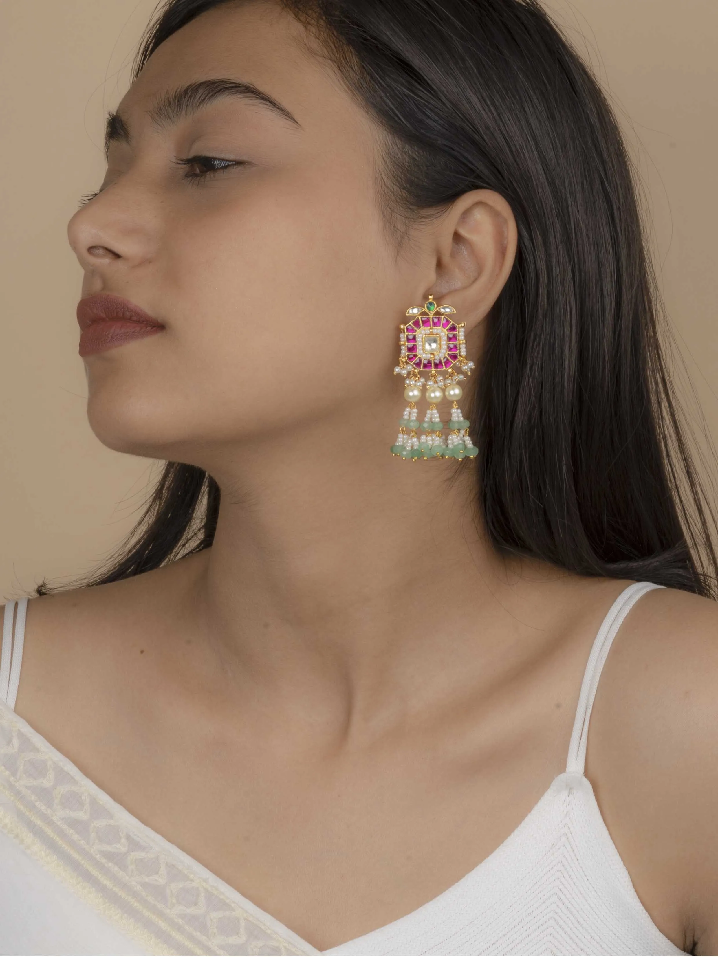 Multicolor Gold Plated Jadau Kundan Earrings - ME983