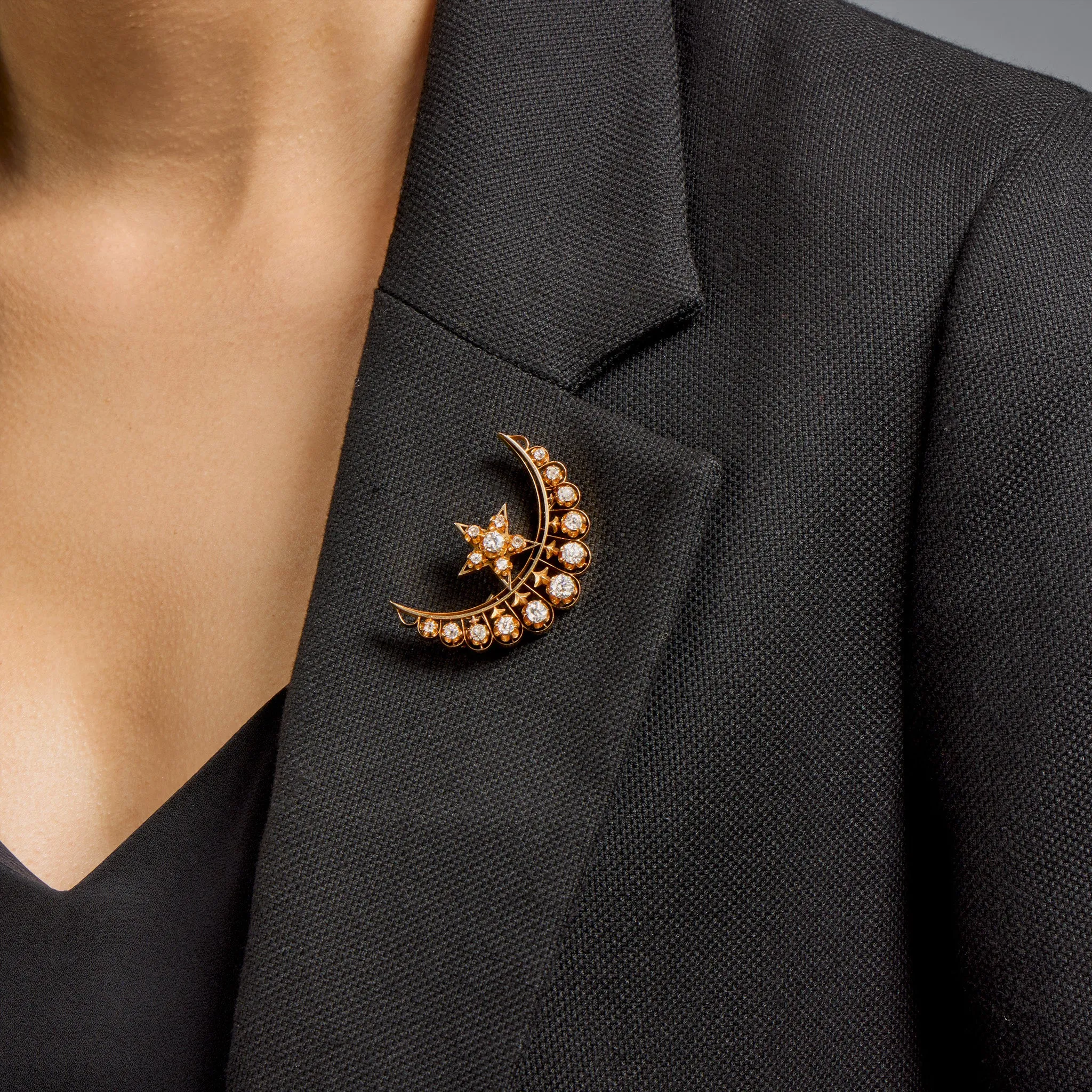 Old Mine-cut Diamond Star and Crescent New Moon Brooch